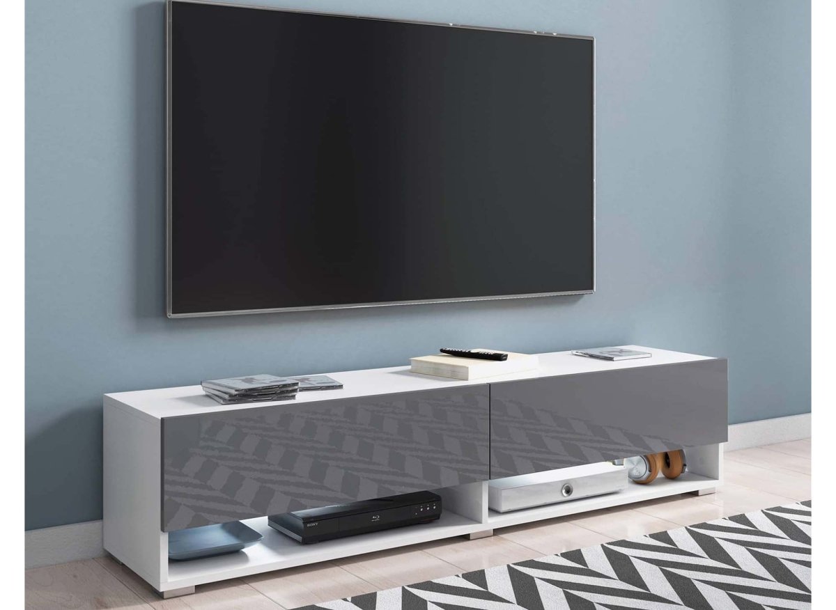 Meuble TV suspendu 2 portes 2 niches blanc et gris ROMANE XXL - 180 cm - DécoInParis