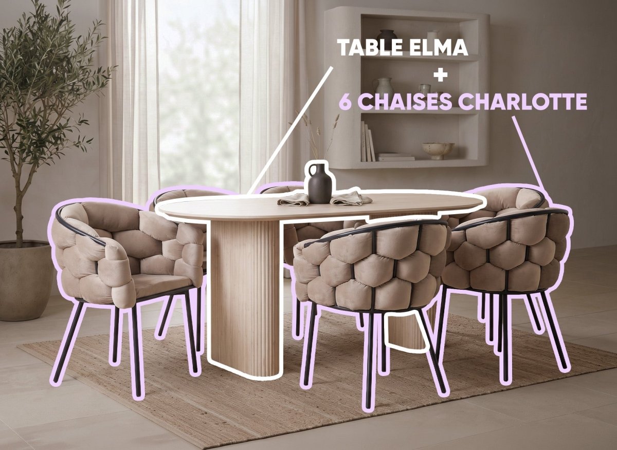 Table à manger 6 personnes ELMA + Lot de 6 chaises en velours taupe CHARLOTTE - DécoInParis