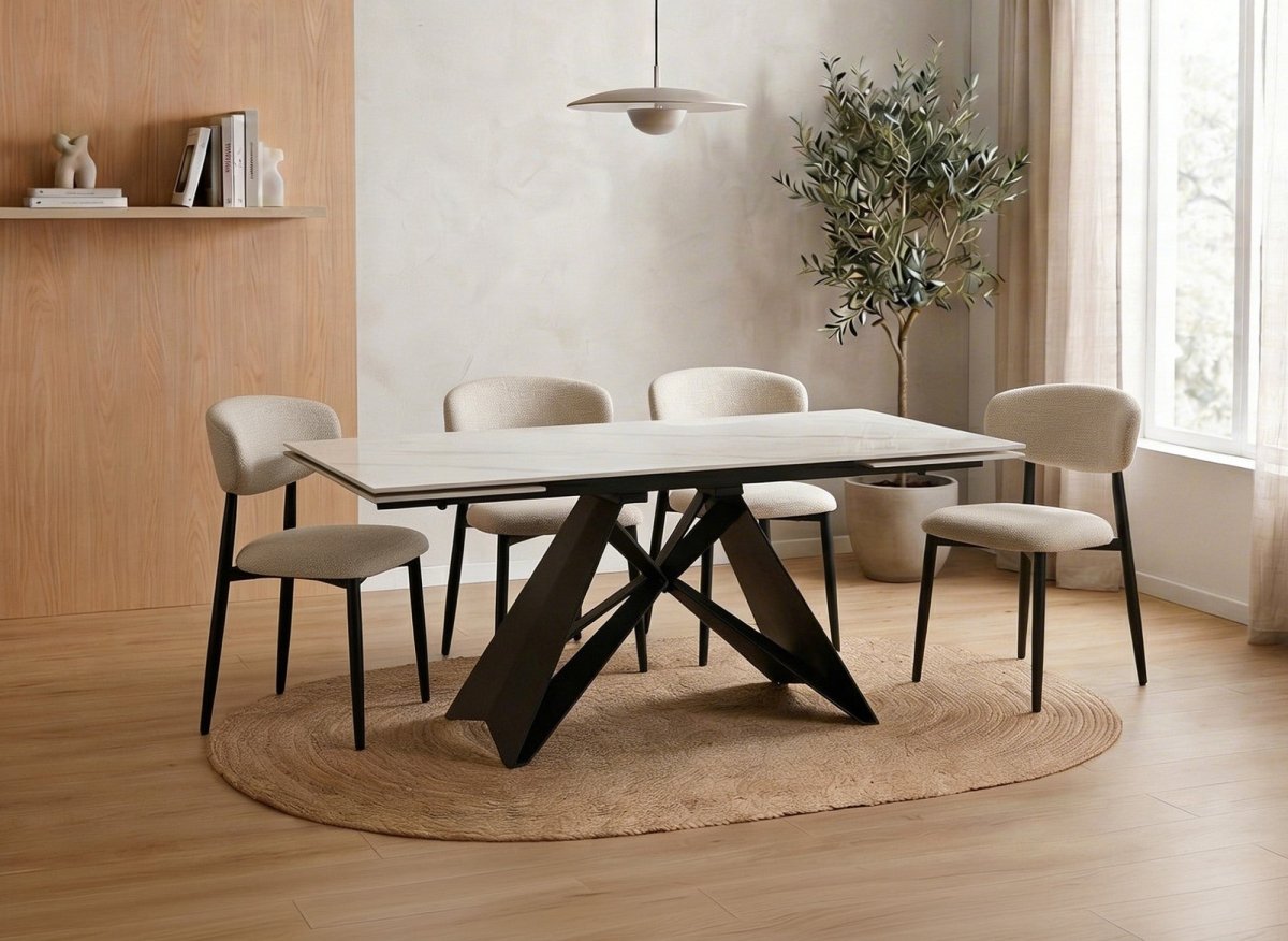Table à manger extensible en métal noir avec plateau en céramique blanc HELSINKI - DécoInParis