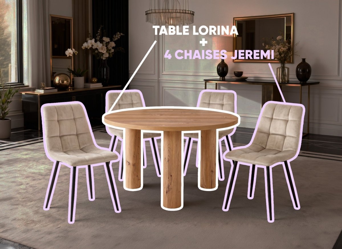 Table à manger LORINA + Lot de 4 chaises en velours beige JEREMI - DécoInParis