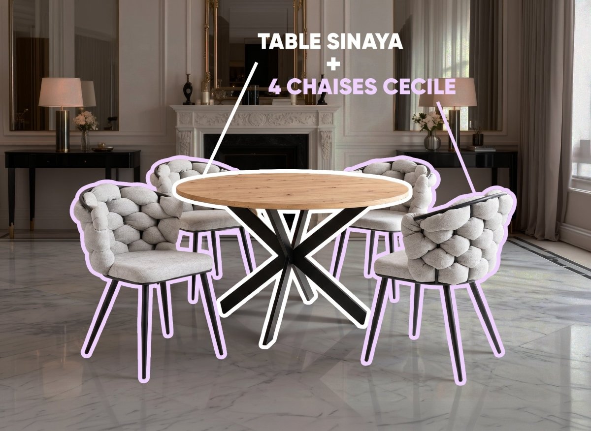 Table à manger ronde SINAYA + Lot de 4 chaises grises CECILE - DécoInParis