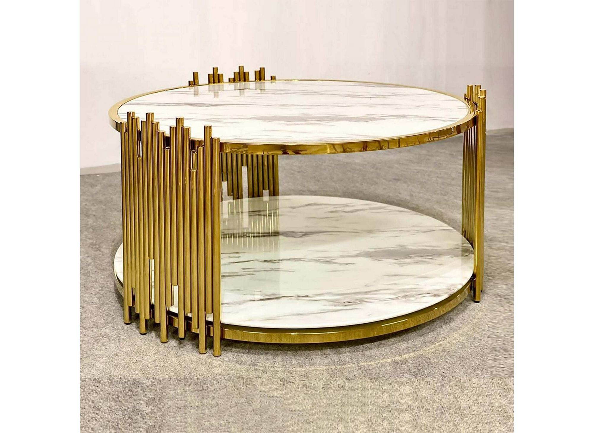 Table Basse Design En Verre Effet Marbre Blanc Et Metal Dore Oriana