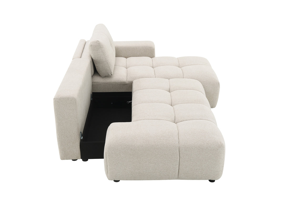 Canapé d'angle convertible avec coffre en tissu texturé beige ANGELINE - Angle droit