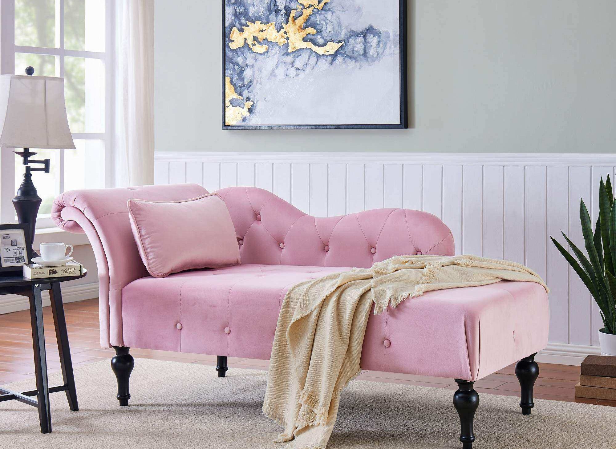 Méridienne capitonné en velours rose SHIMA - Angle Droit