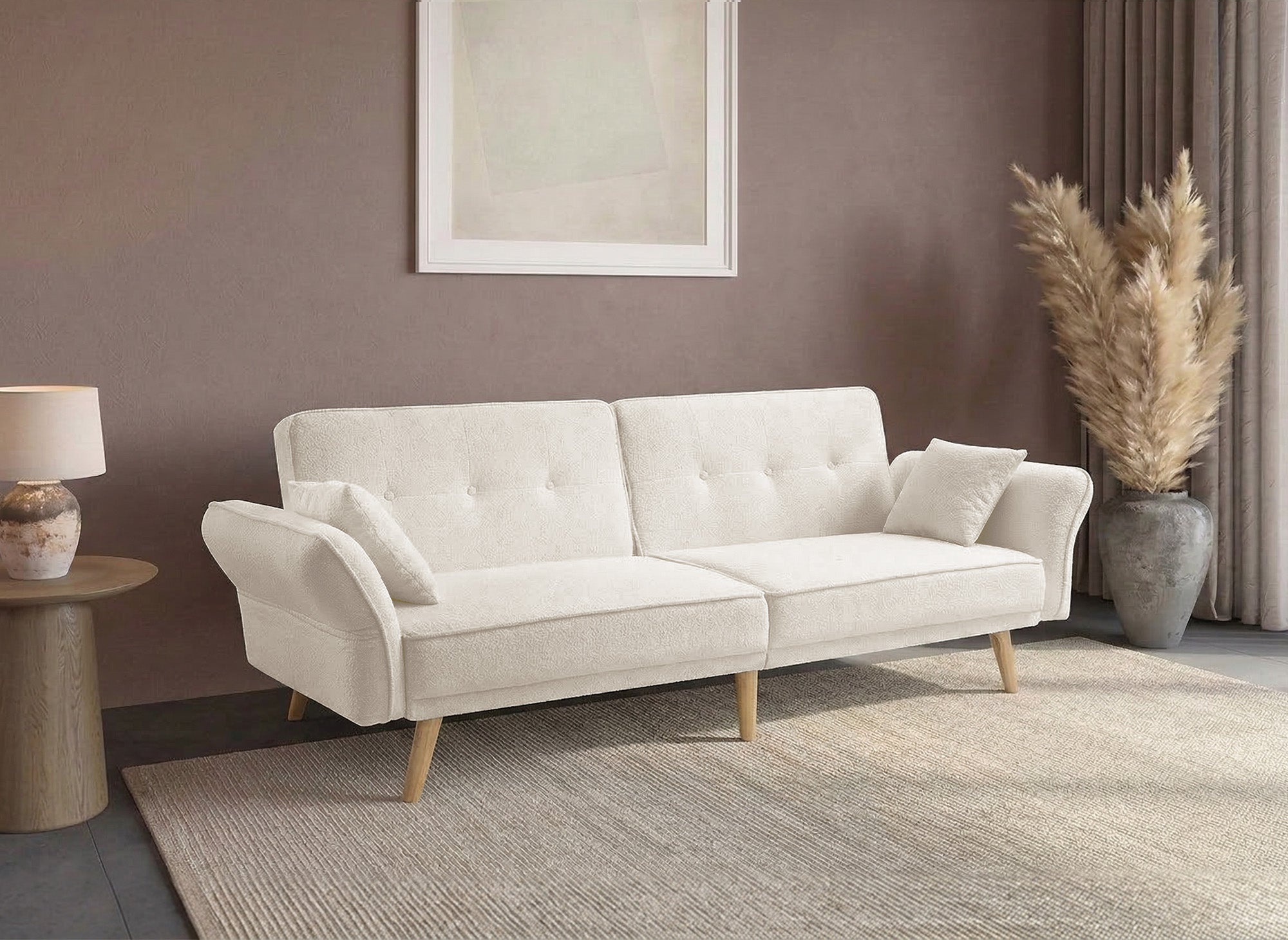 Canapé clic clac 3 places en tissu bouclette blanc écru CHILI