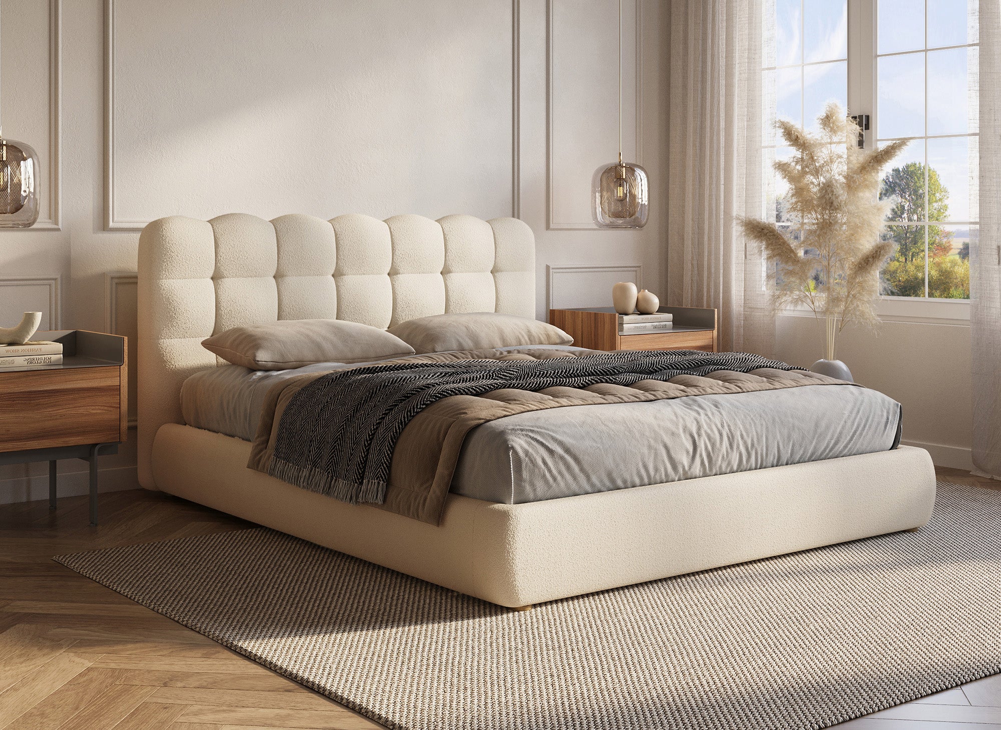 Lit coffre en tissu bouclette beige 140x190 cm BISCUIT