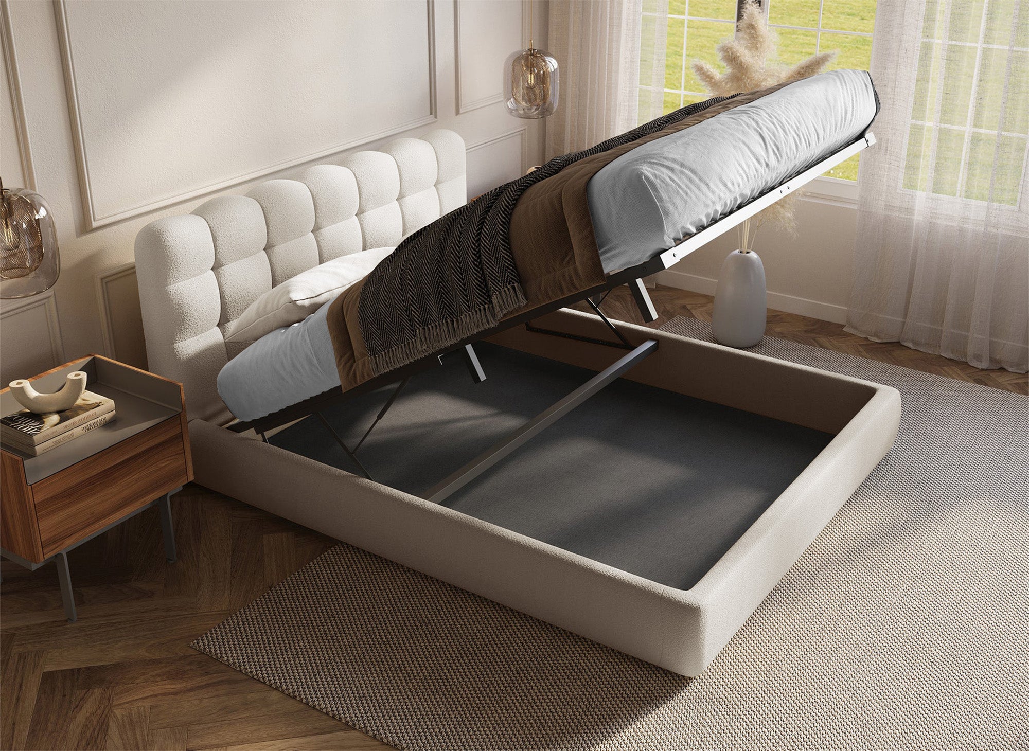 Lit coffre en tissu bouclette beige 180x200 cm BISCUIT