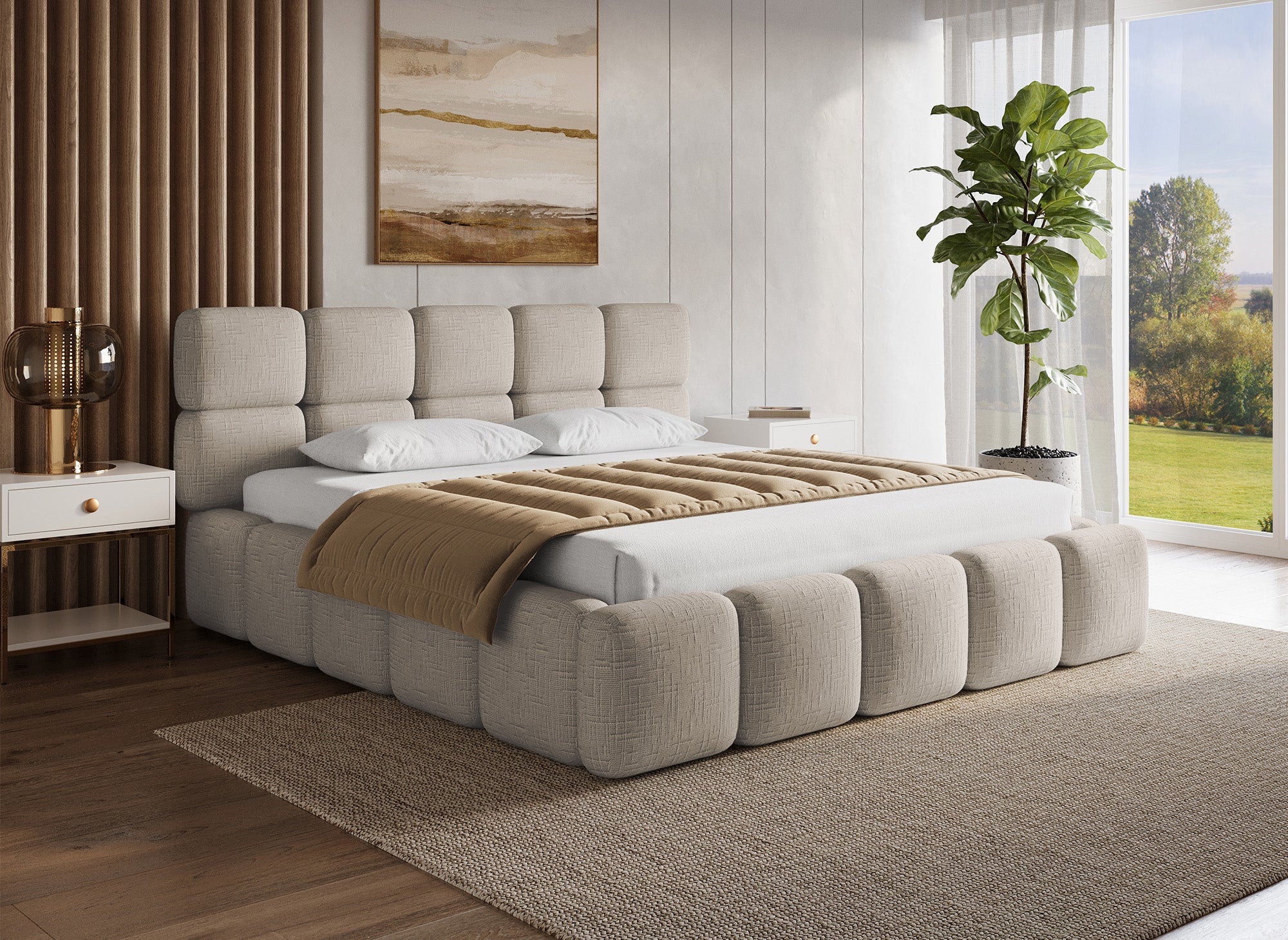 Lit coffre en velours chiné taupe 180x200 cm BUBBLE