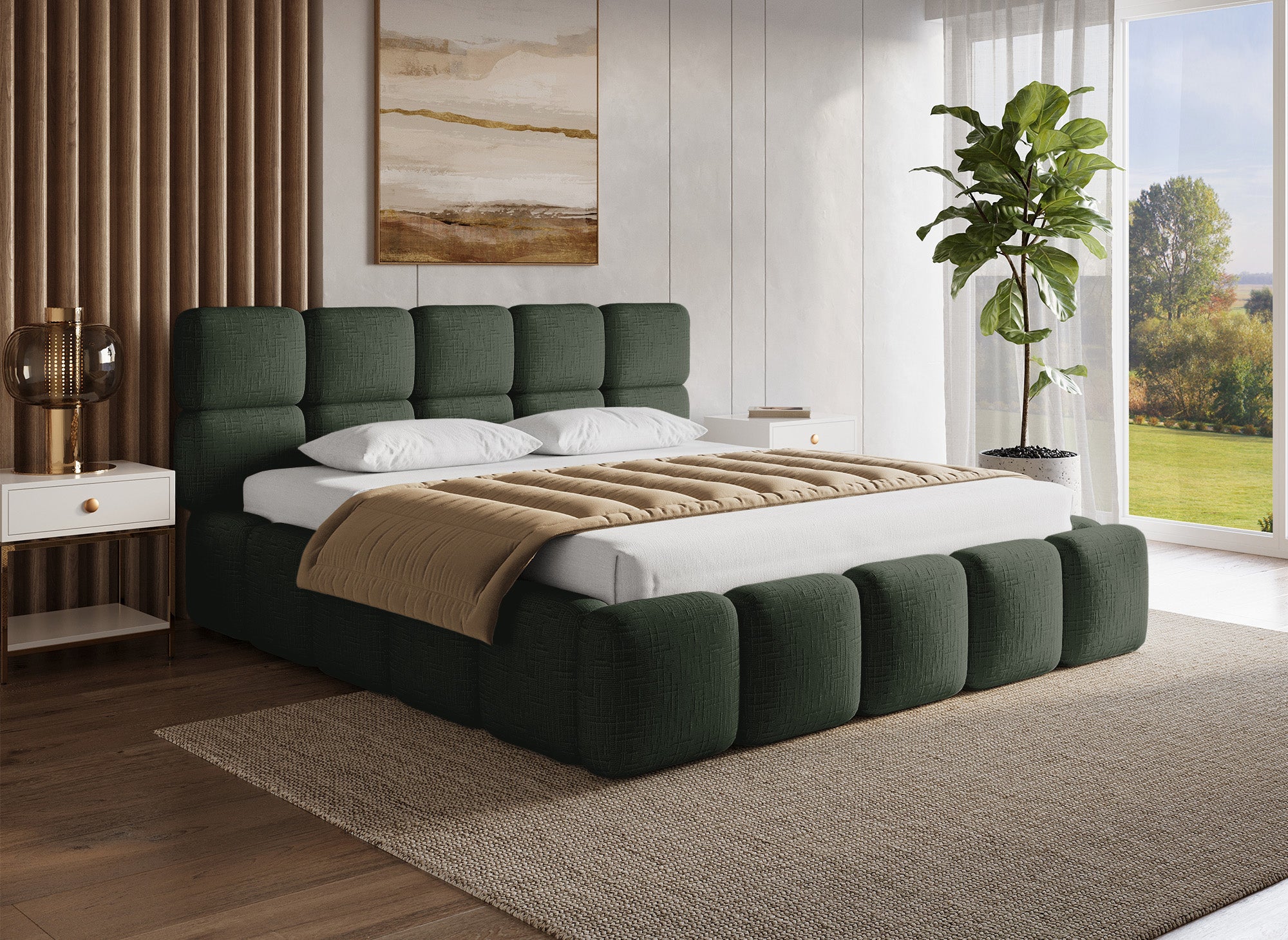 Lit coffre en velours chiné vert olive 180x200 cm BUBBLE