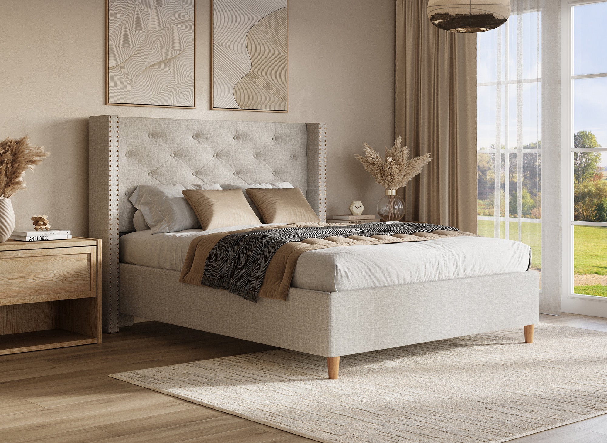 Lit double en tissu capitonné beige 140x190 cm MARGOT