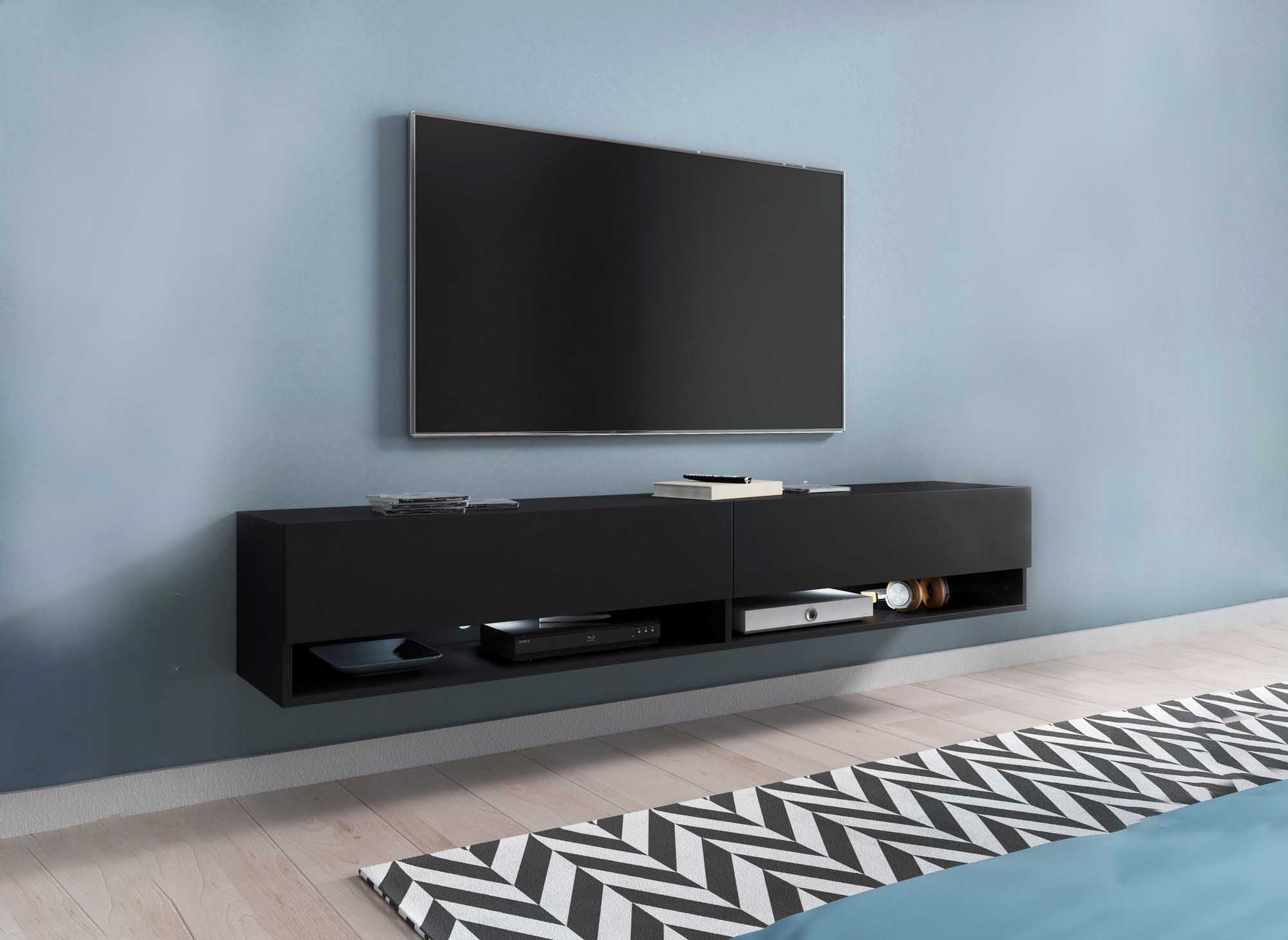 Meuble TV suspendu 2 portes 2 niches noir ROMANE XXL - 180 cm