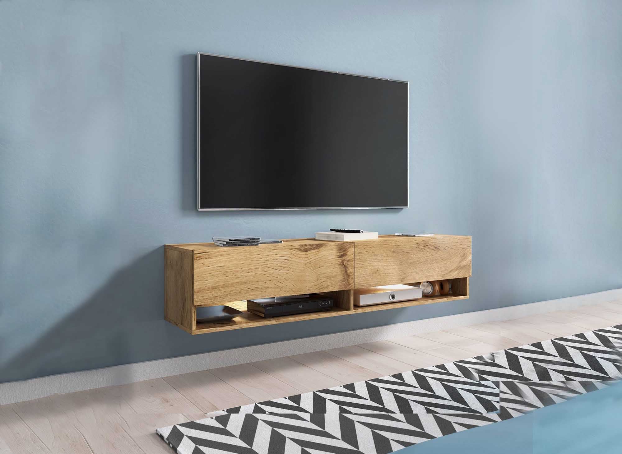 Meuble TV suspendu 2 portes 2 niches en chêne ROMANE XL - 140 cm
