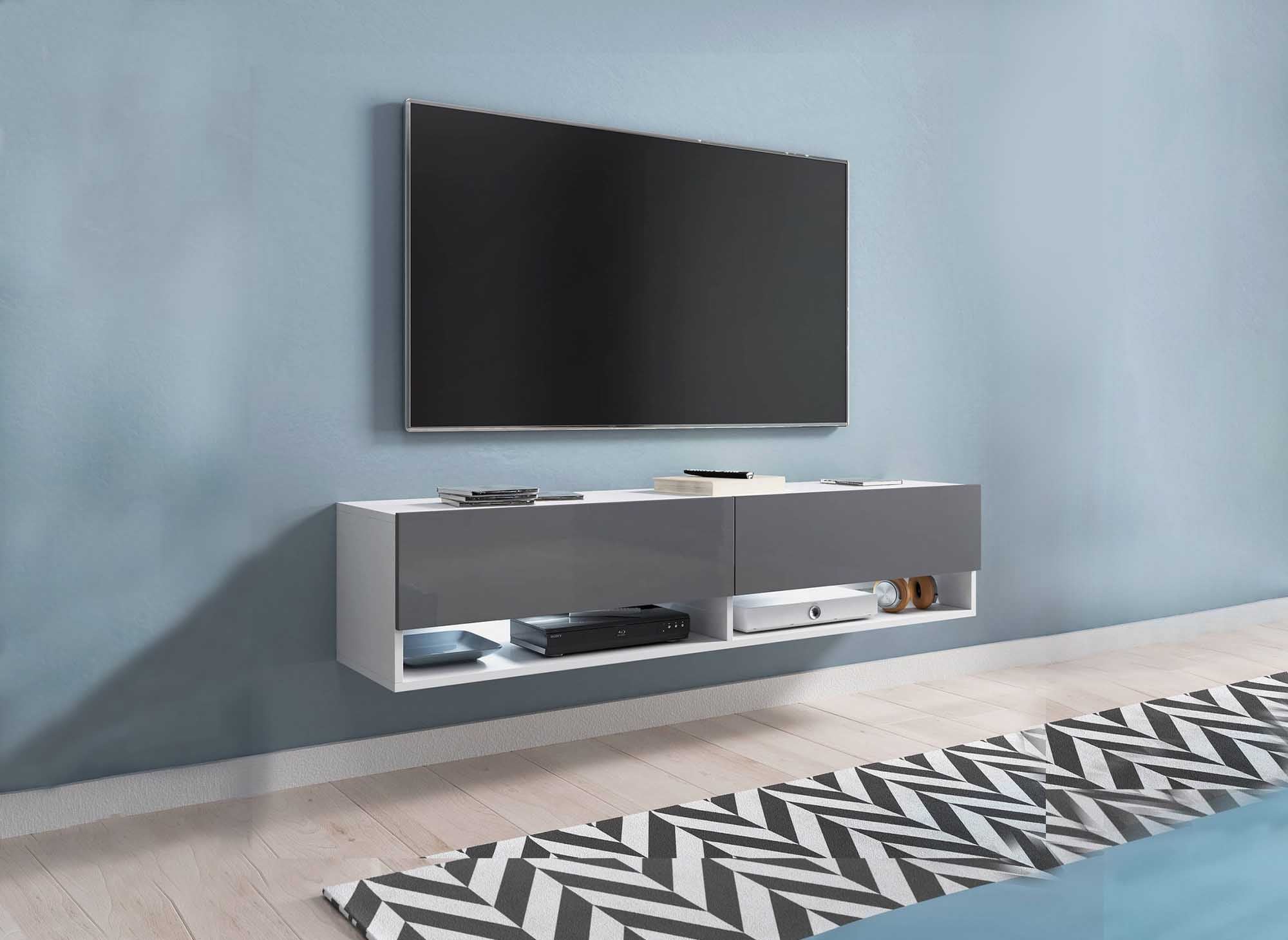 Meuble TV suspendu 2 portes 2 niches blanc et gris ROMANE XL - 140 cm