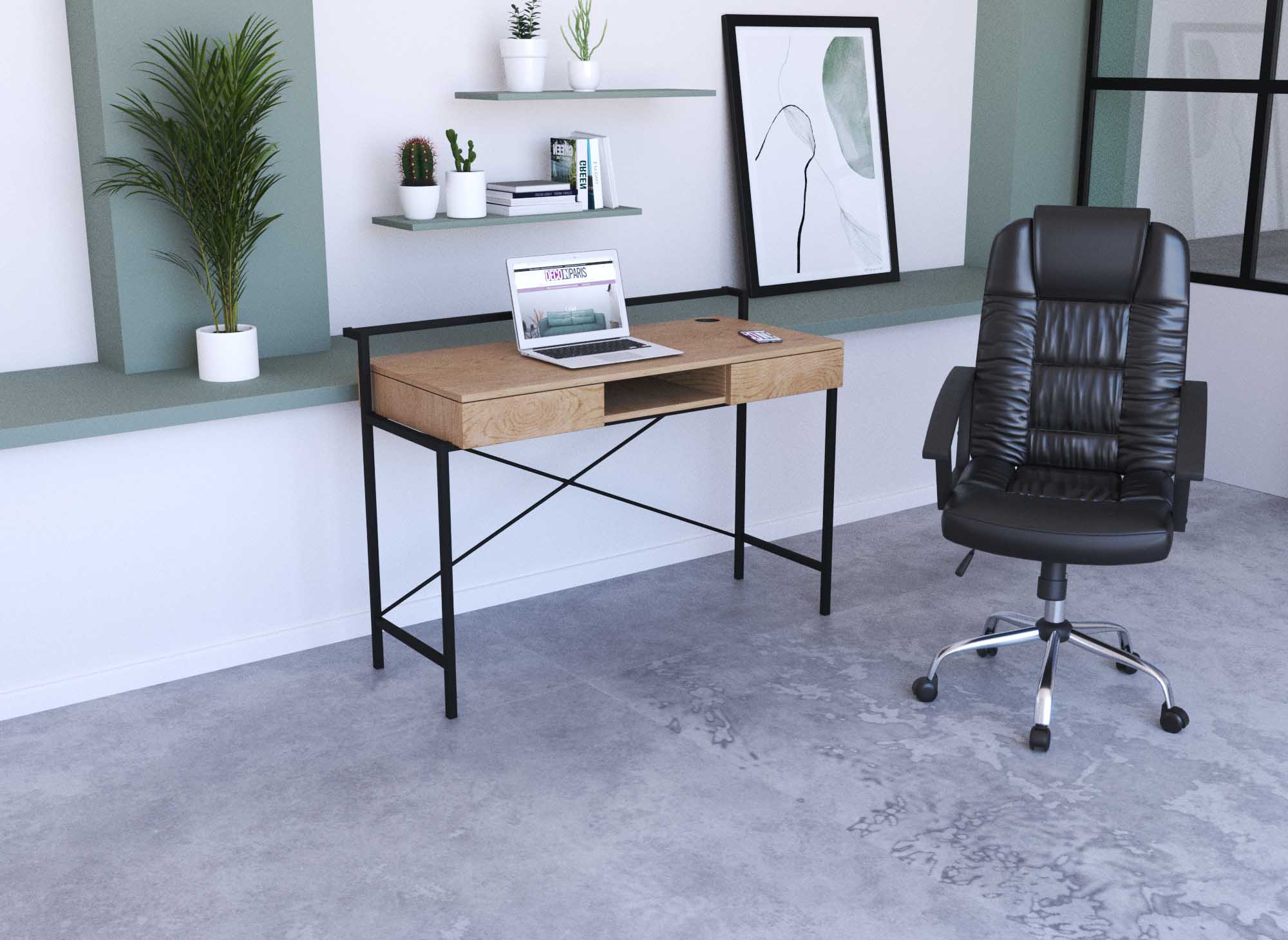 Bureau compact design industriel en bois et métal EDMOND