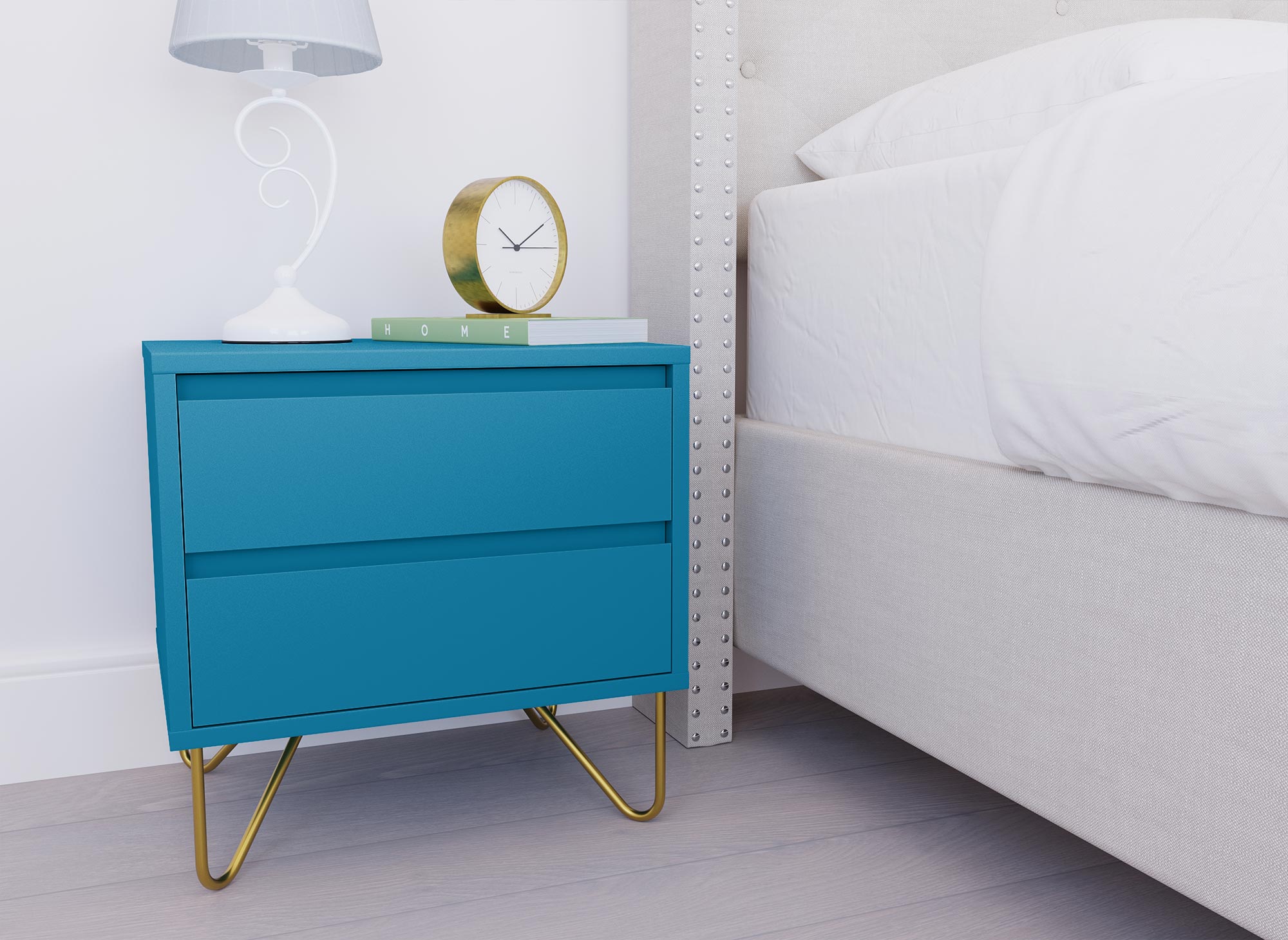 Table de chevet 2 tiroirs bleu canard DARINA