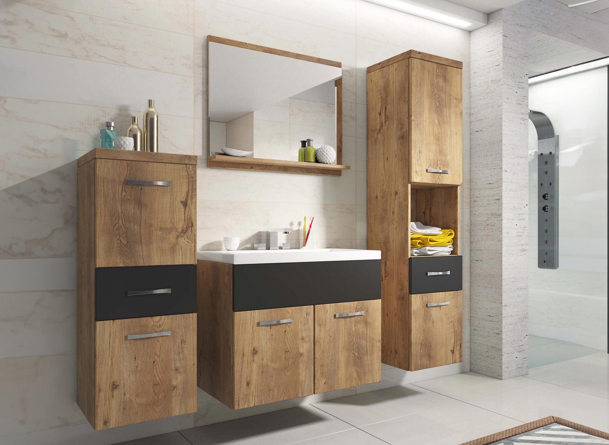 Ensemble meubles salle de bain suspendu - Bois effet chêne et noir SHELBY