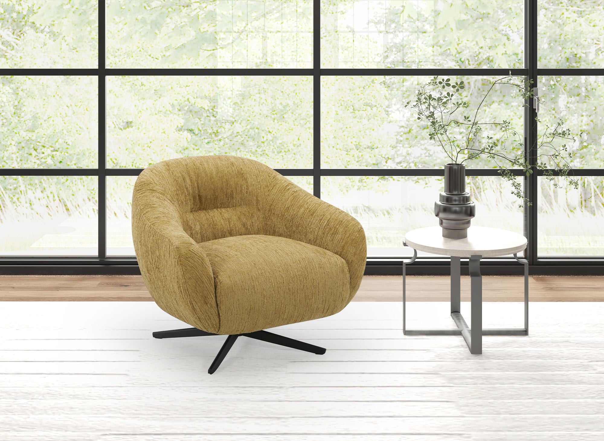 Fauteuil pivotant en velours chiné jaune moutarde ALEZIO