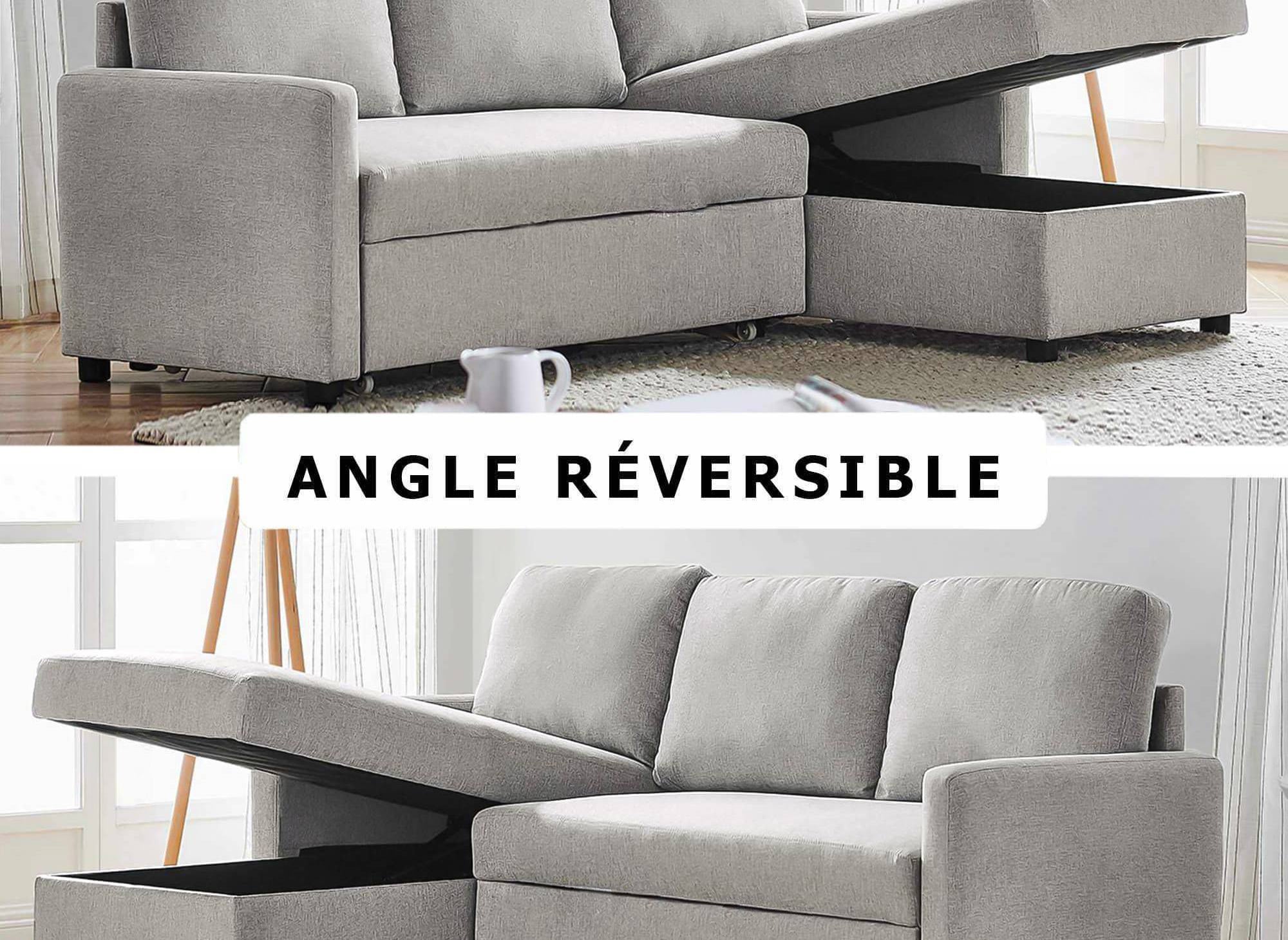 Canapé d'angle réversible convertible coffre de rangement en tissu gris ADAM