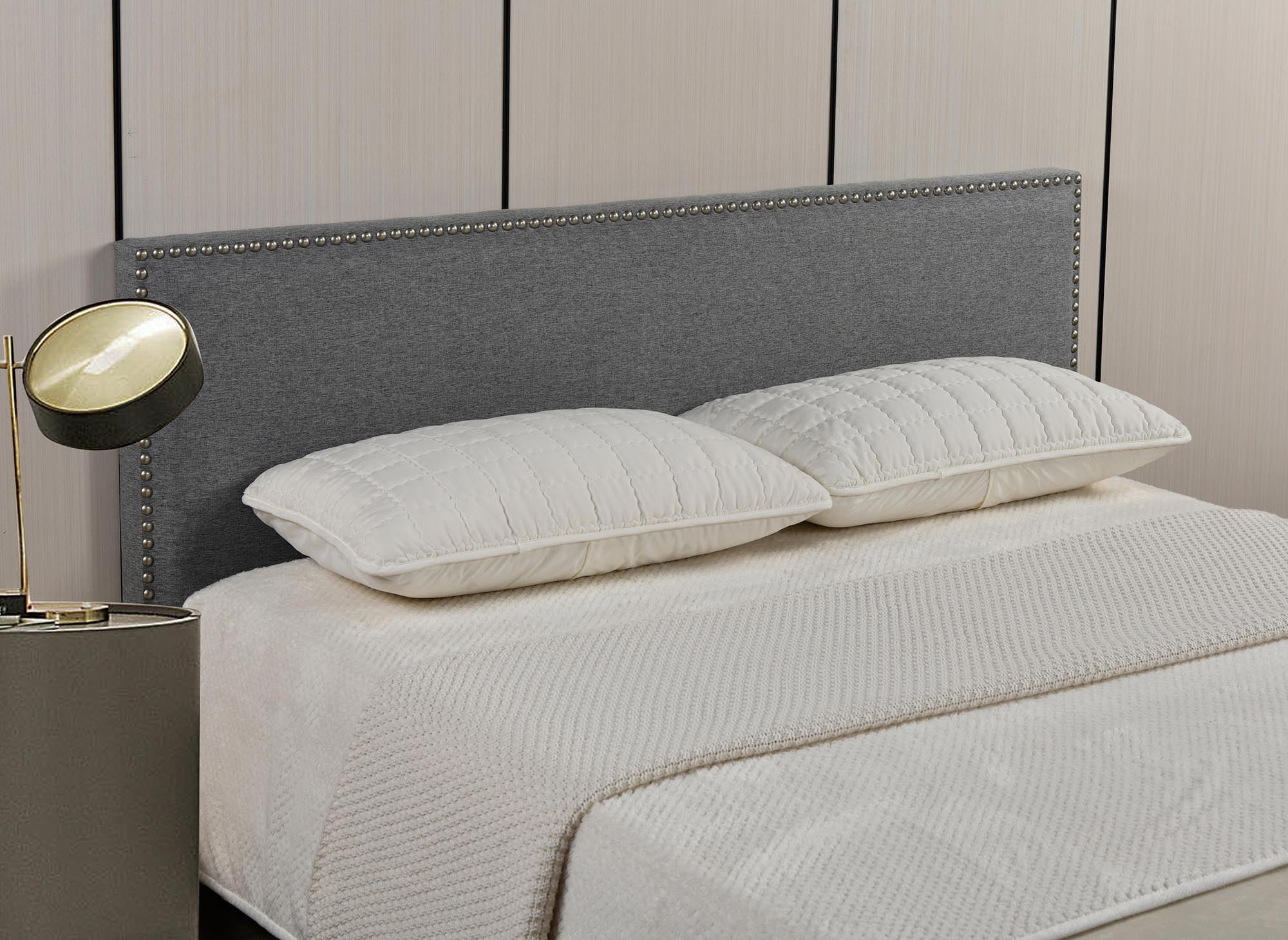 Tête de lit cloutée en tissu lin gris 140 cm LINDA
