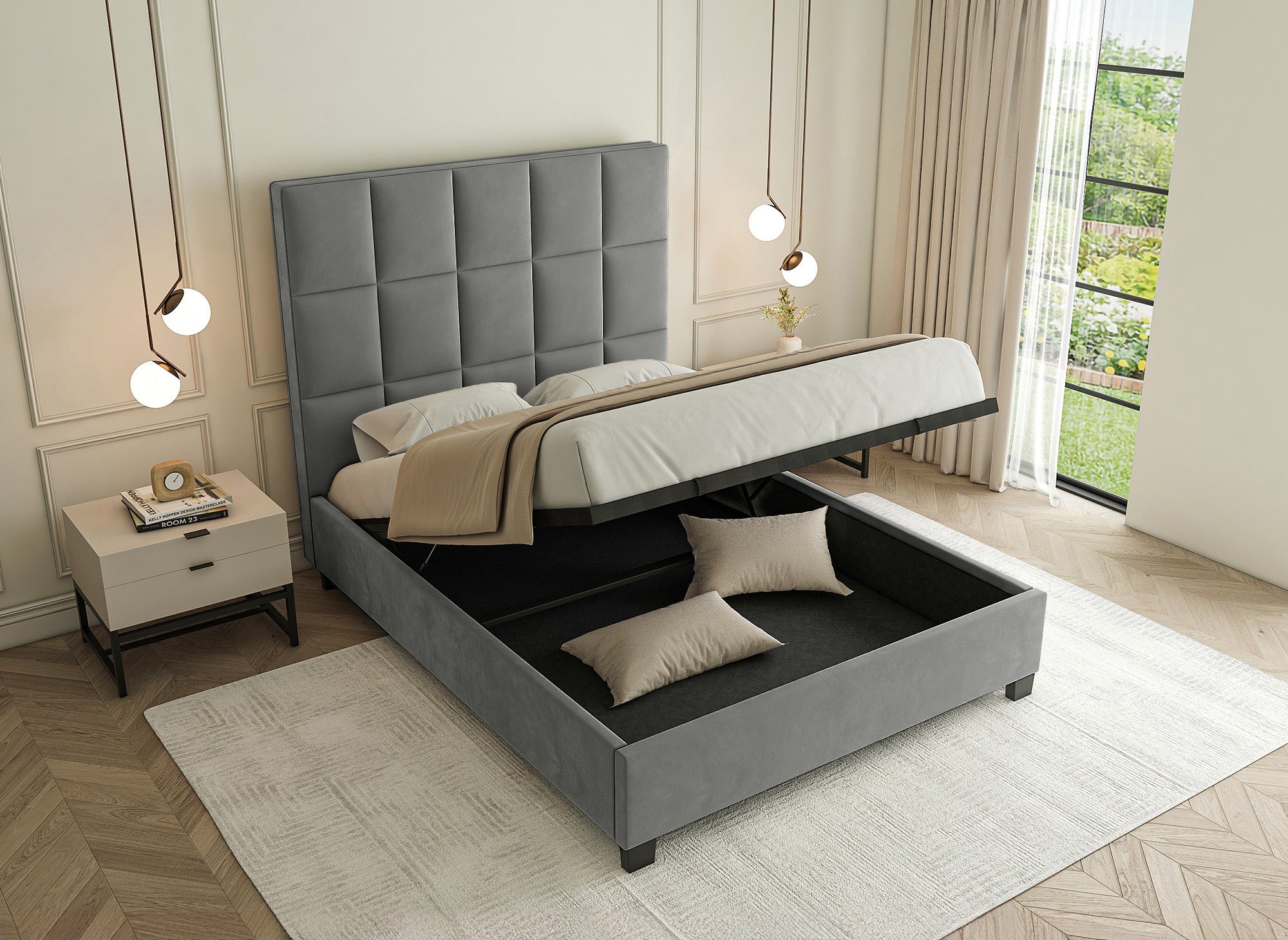 Lit coffre en velours gris design CAROLINE 160 x 200 cm