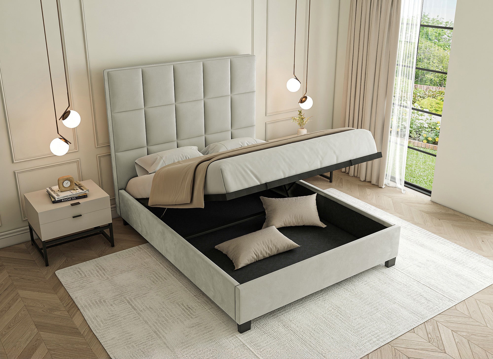 Lit coffre en velours beige design CAROLINE 160 x 200 cm