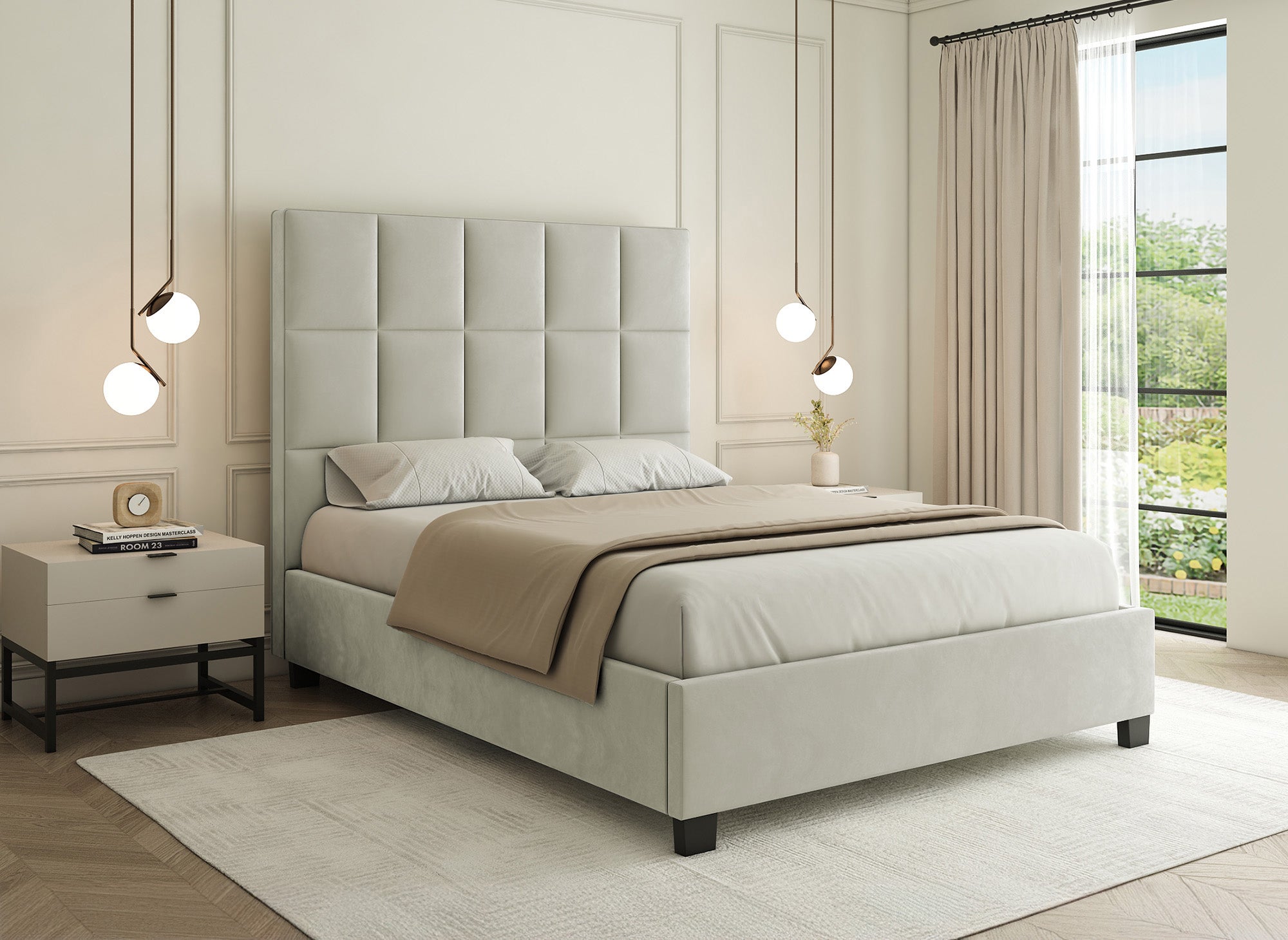 Lit coffre en velours beige design CAROLINE 160 x 200 cm
