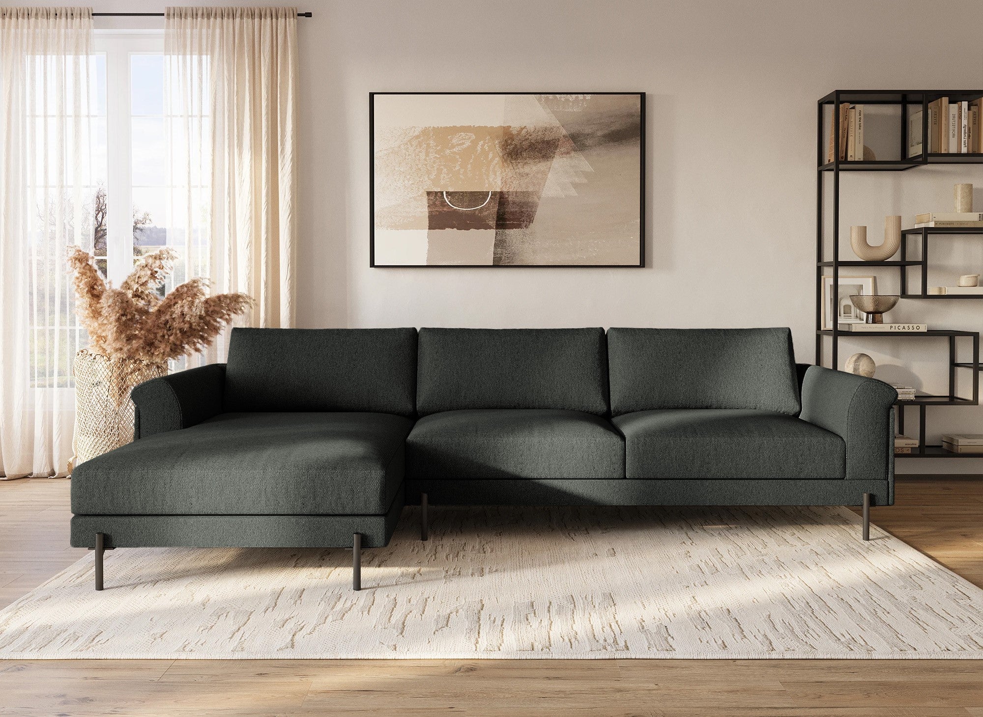 Canapé d'angle avec méridienne en tissu gris foncé LEIA - Angle Gauche