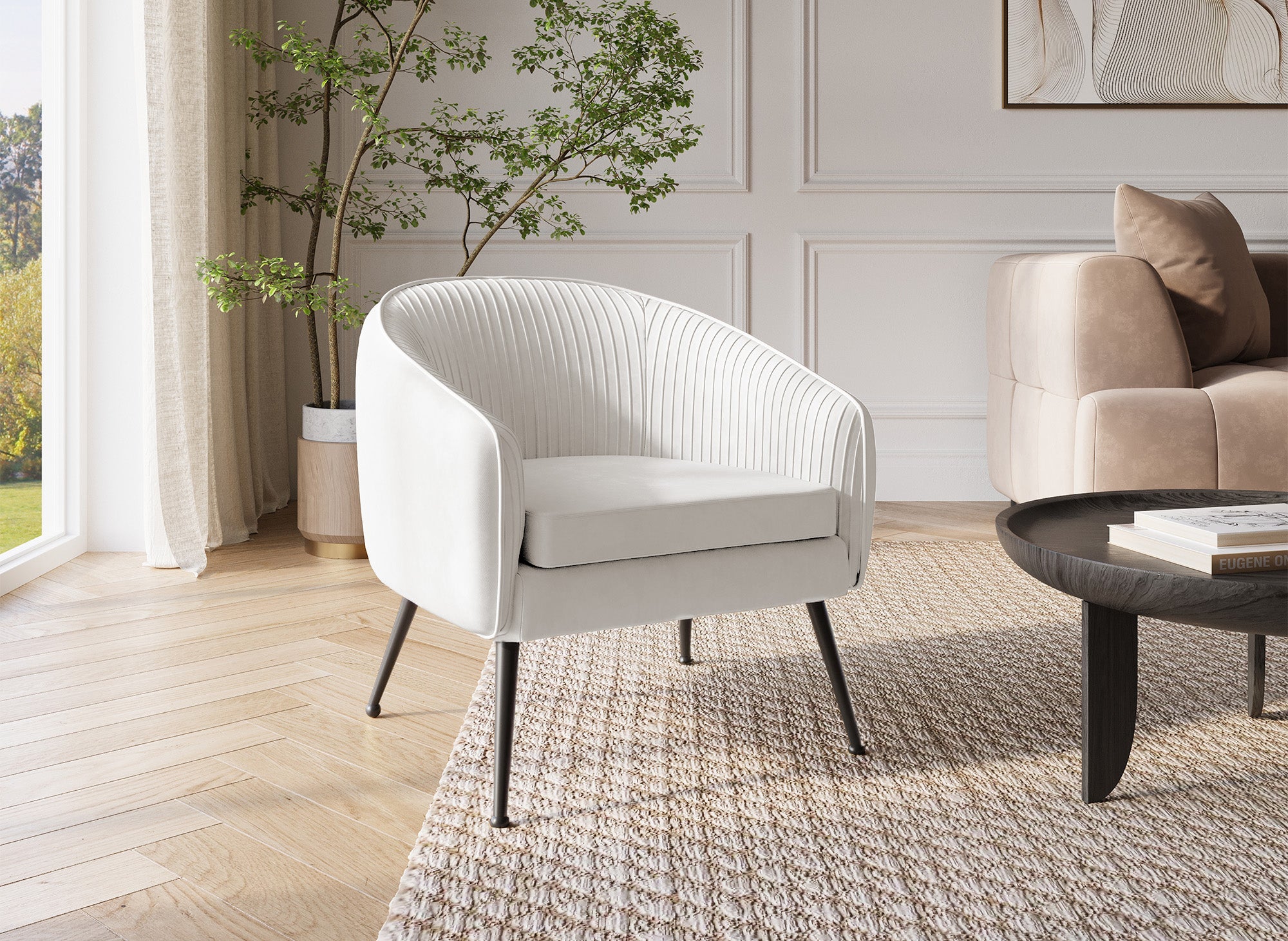 Fauteuil cabriolet en velours beige pieds noir TRECY