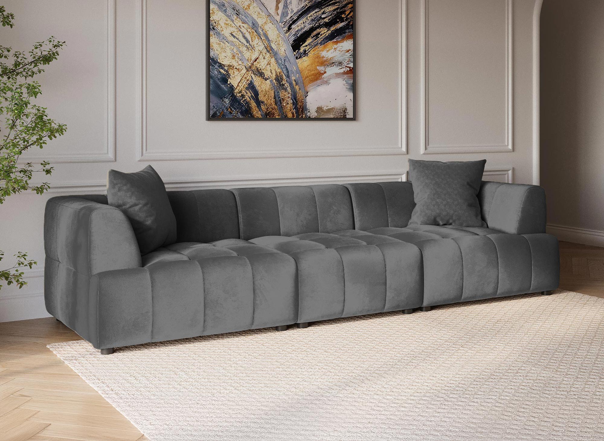 Canapé droit 4 places en velours gris KELIA
