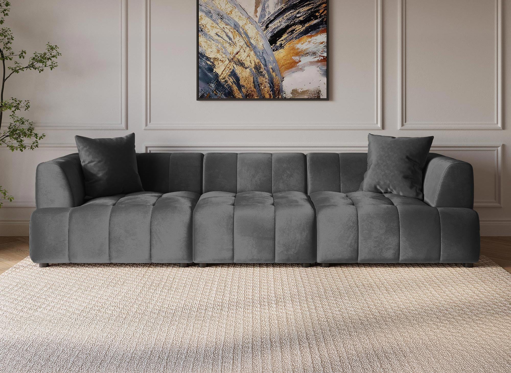 Canapé droit 4 places en velours gris KELIA