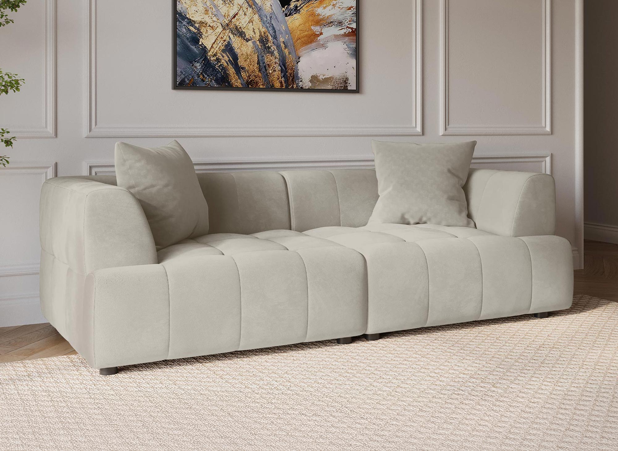 Canapé droit 3 places en velours beige KELIA