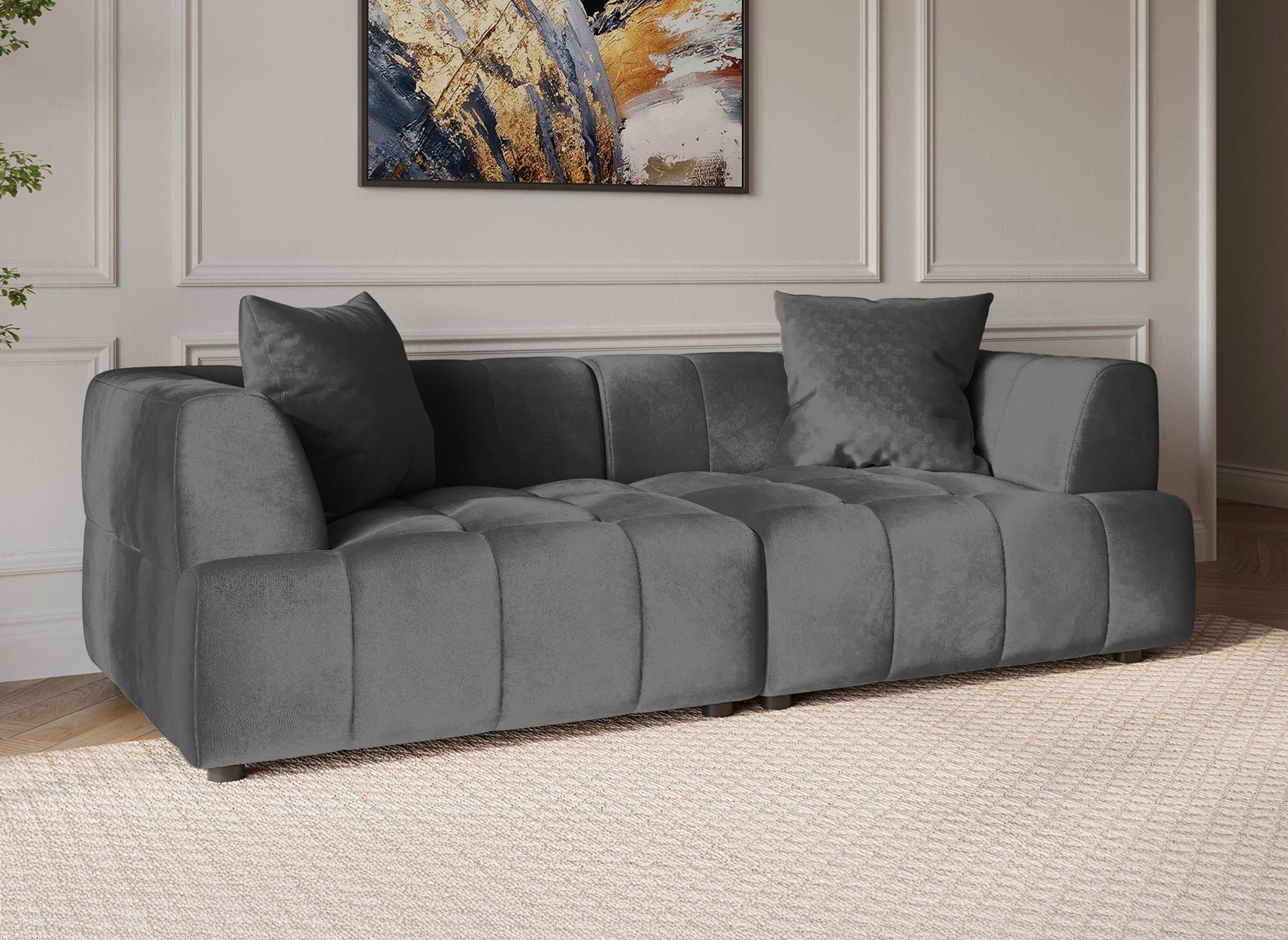 Canapé droit 3 places en velours gris KELIA