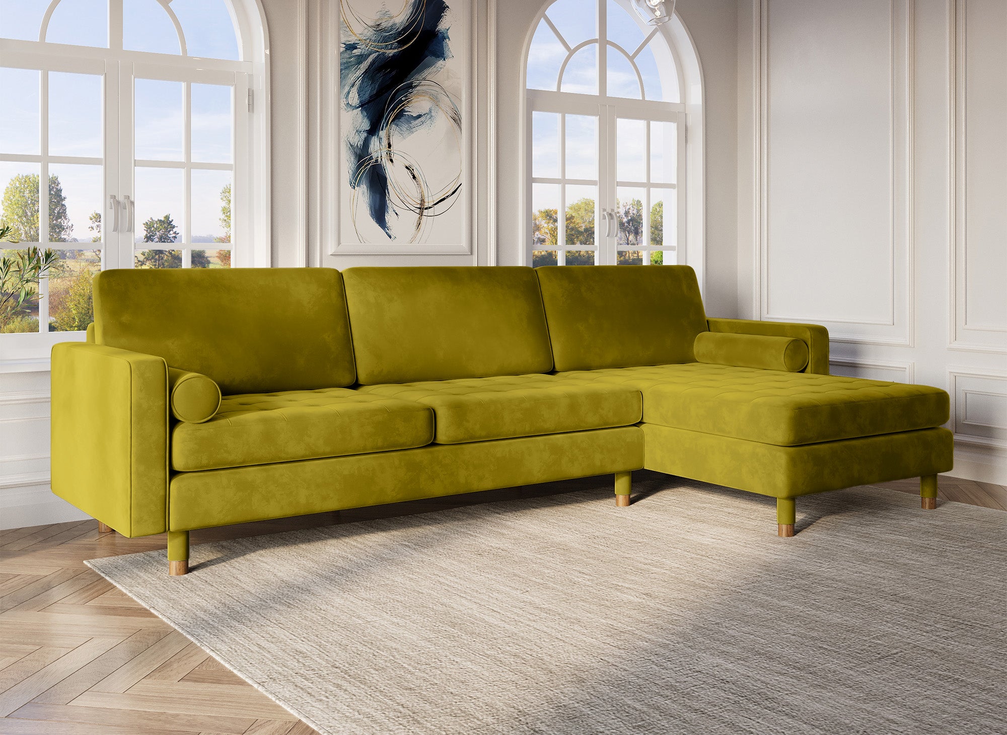 Canapé d'angle scandinave en velours vert doré SALAMBO - Angle Droit