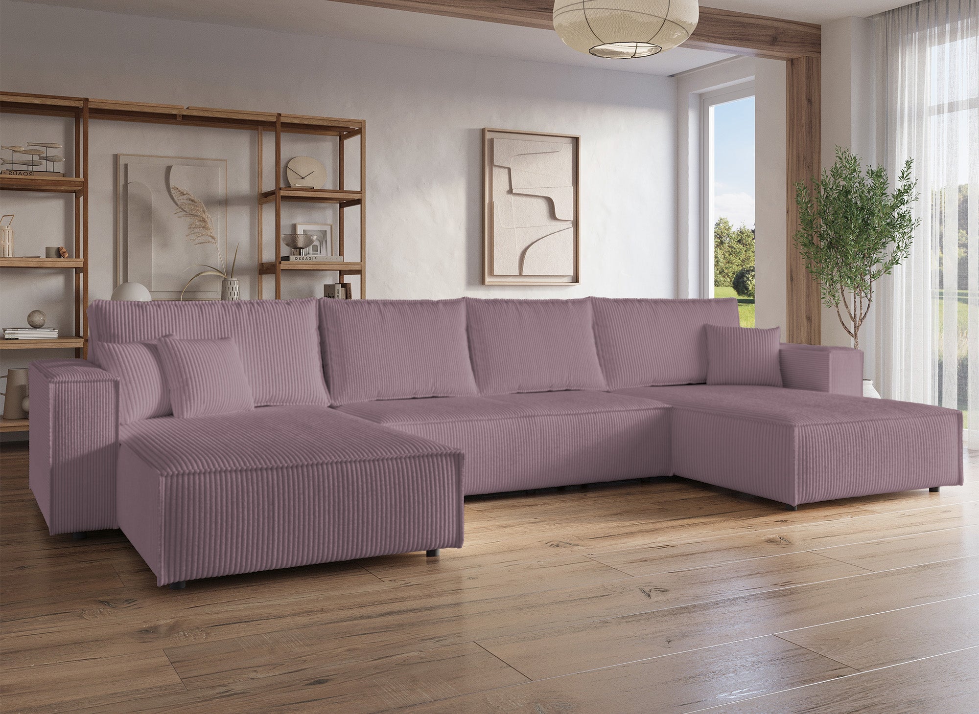 Canapé panoramique convertible avec coffre en velours cotelé lilas - JADE