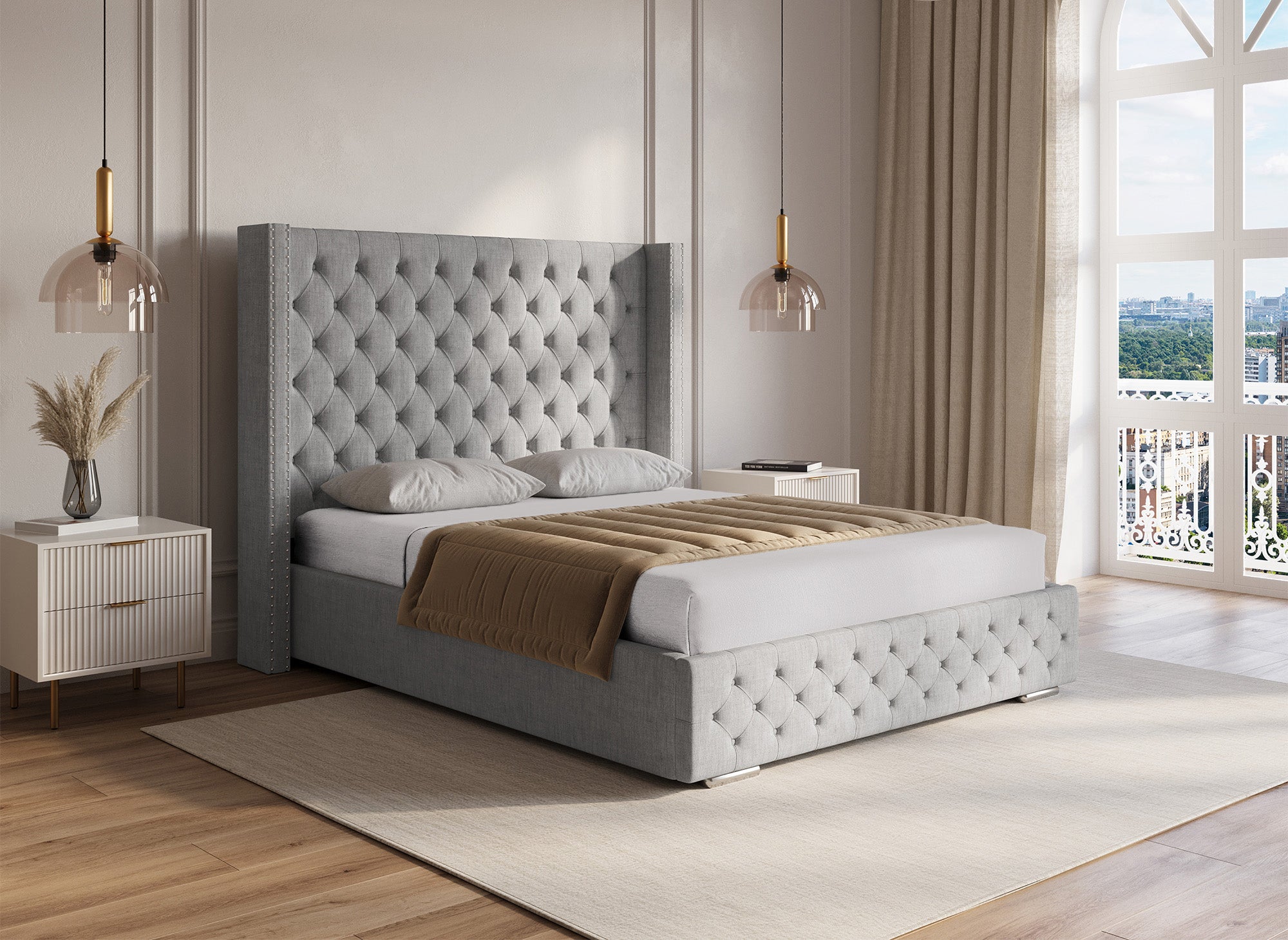 Lit coffre en tissu lin gris 140X190 cm MAXI