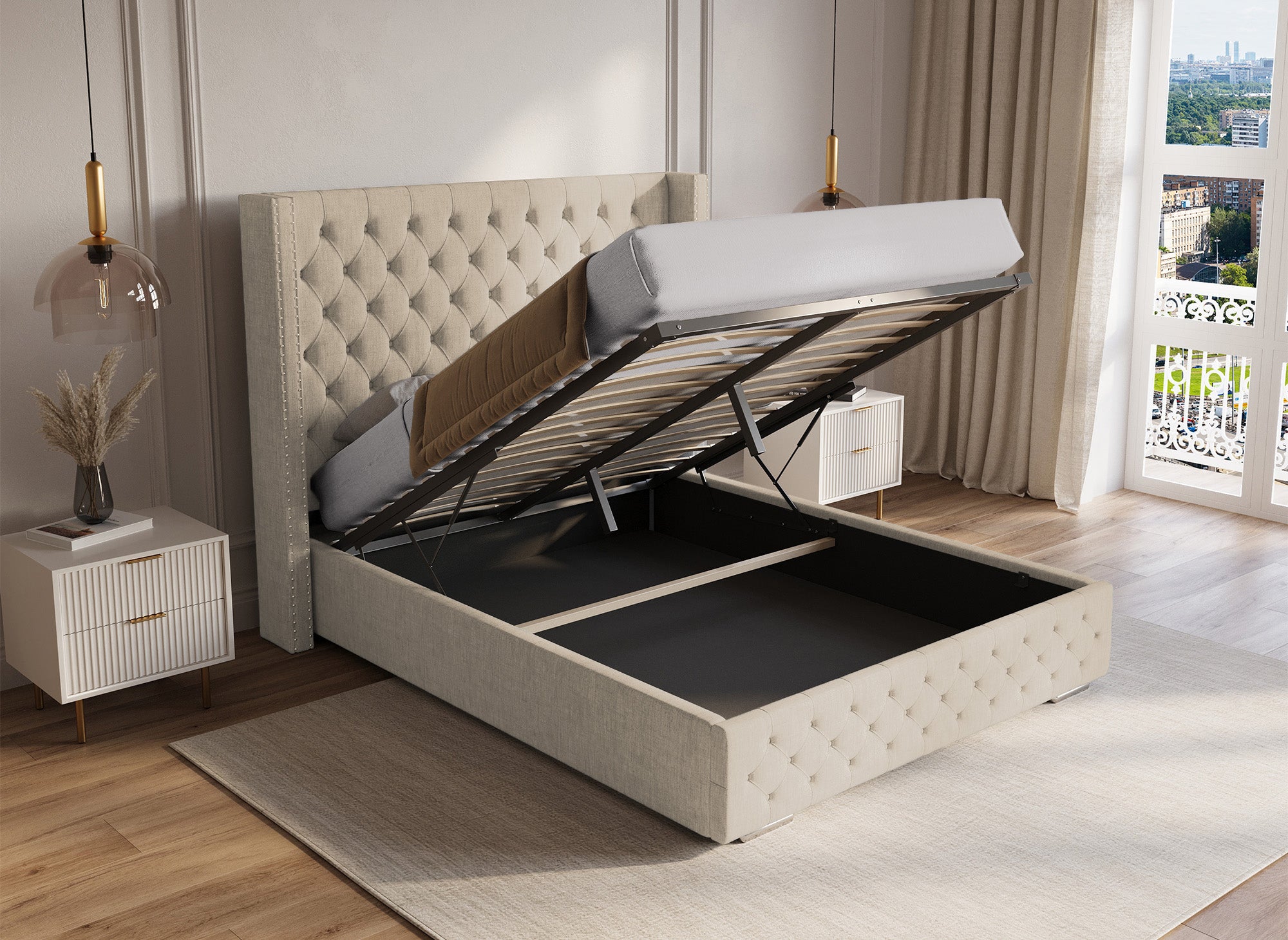Lit coffre en tissu lin beige 140x190 cm MAXI