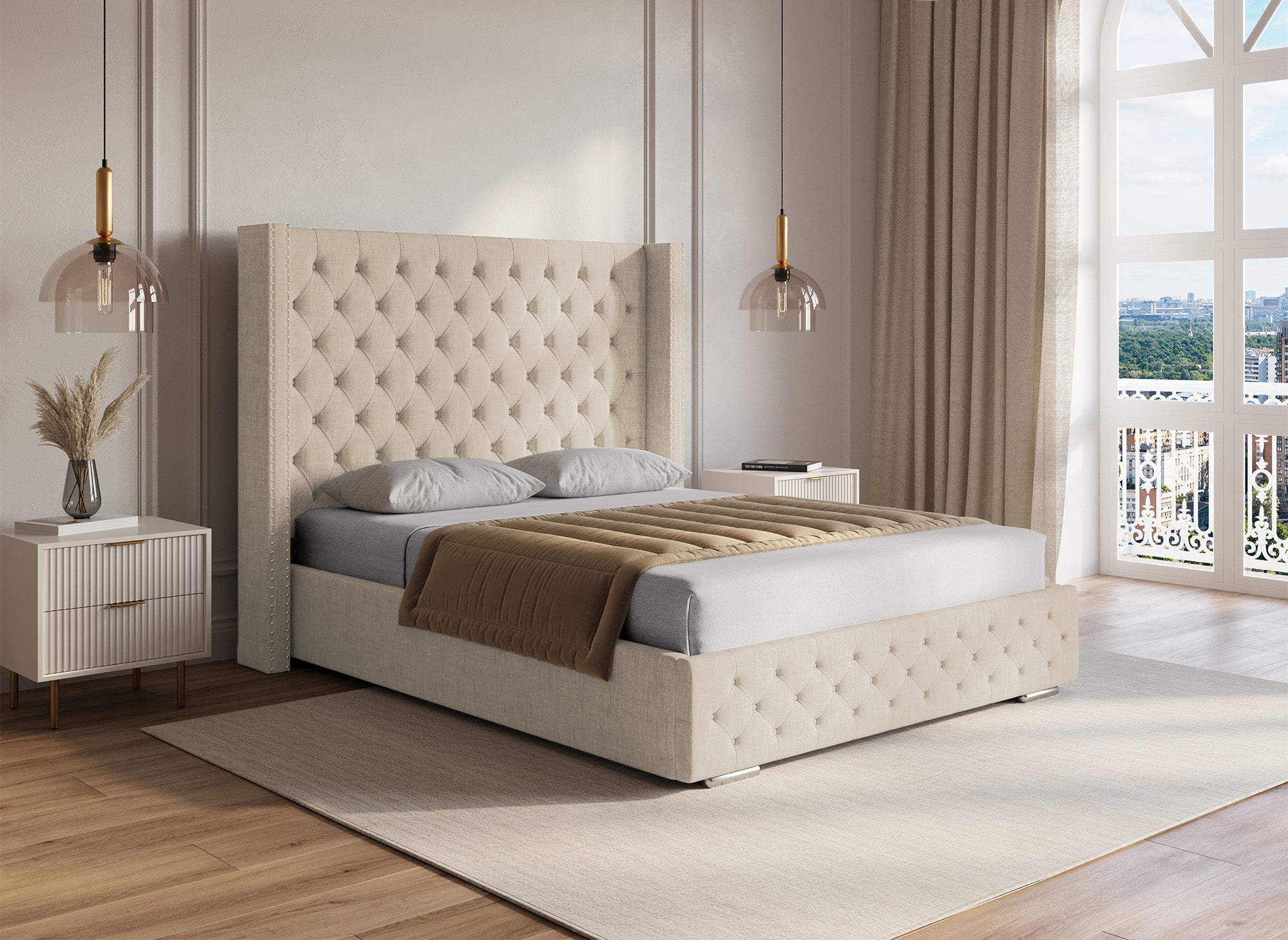 Lit coffre en tissu lin beige 140x190 cm MAXI