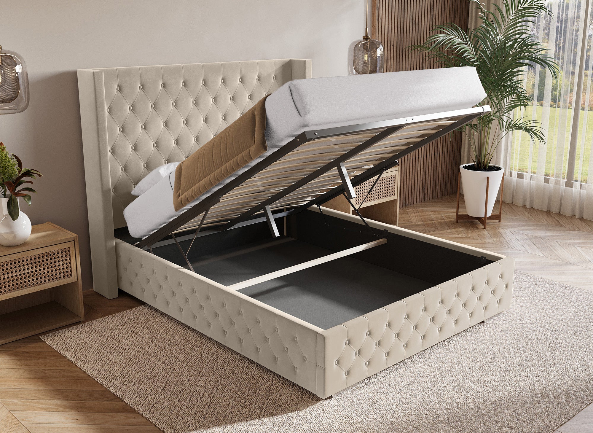 Lit coffre en velours beige 160X200 cm PERLA