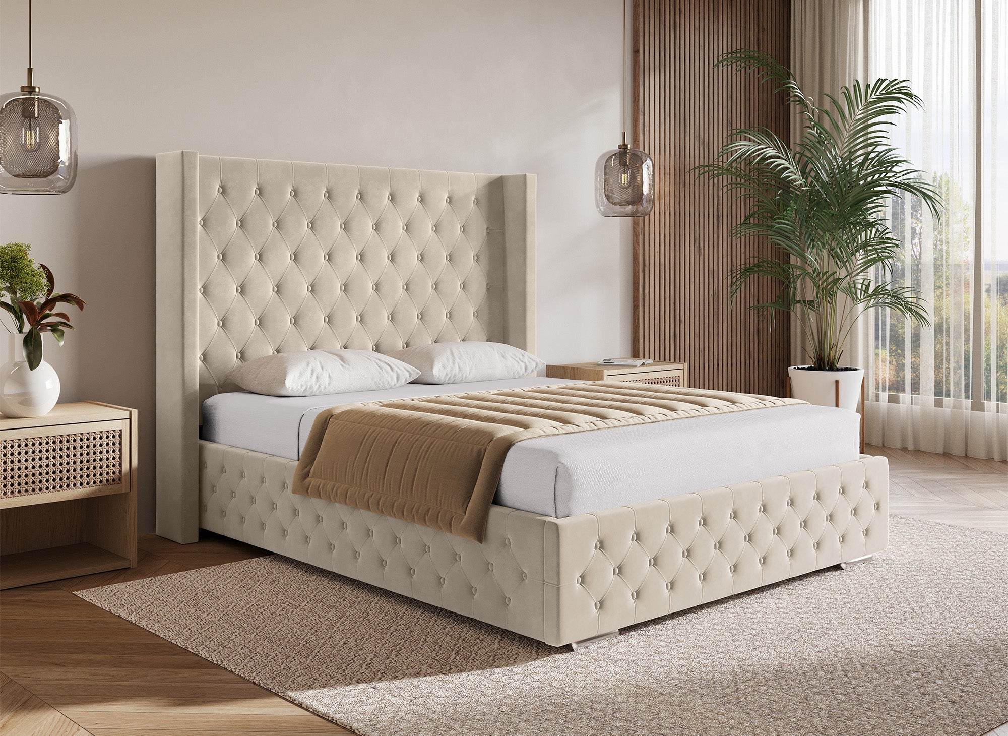 Lit coffre en velours beige 160X200 cm PERLA
