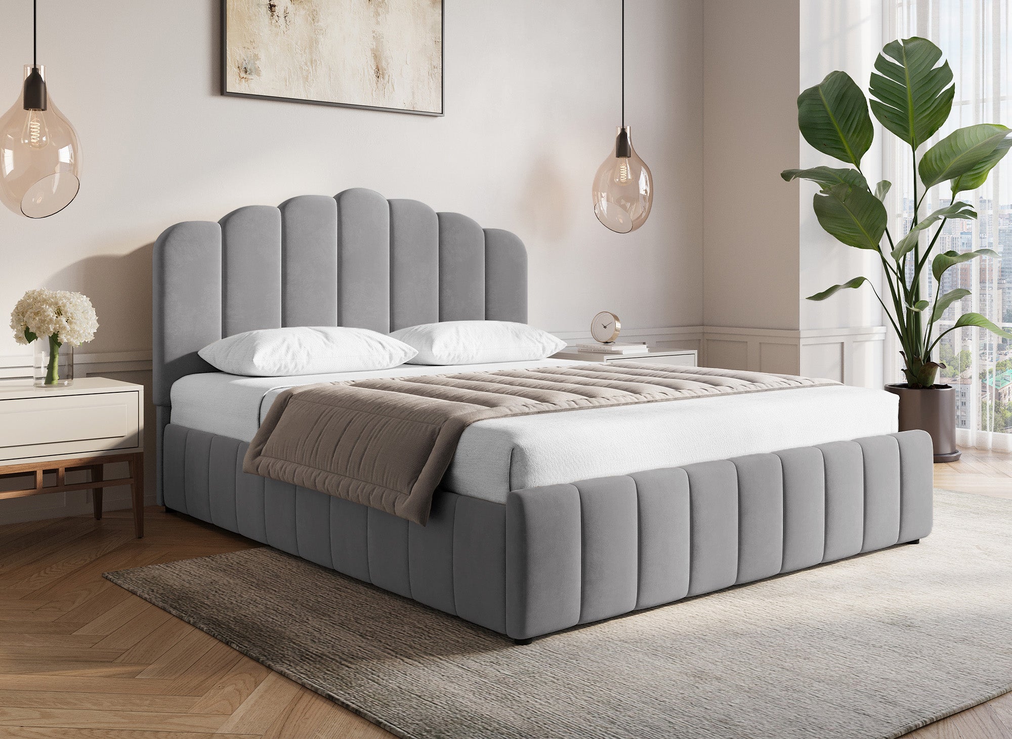 Lit coffre en velours gris 140x190 cm ELVIRA
