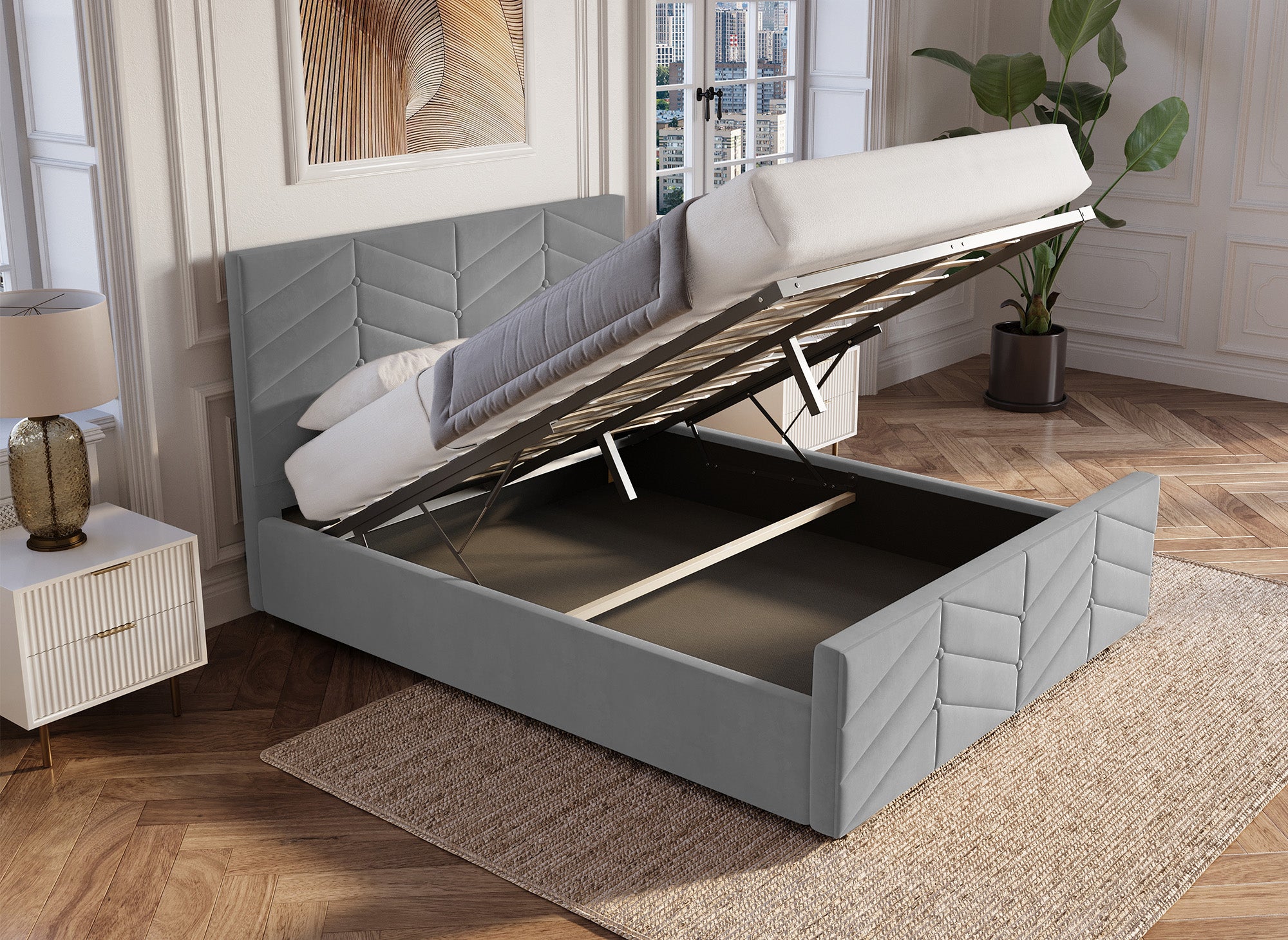Lit avec sommier relevable et coffre en velours gris 180x200 cm PALMA