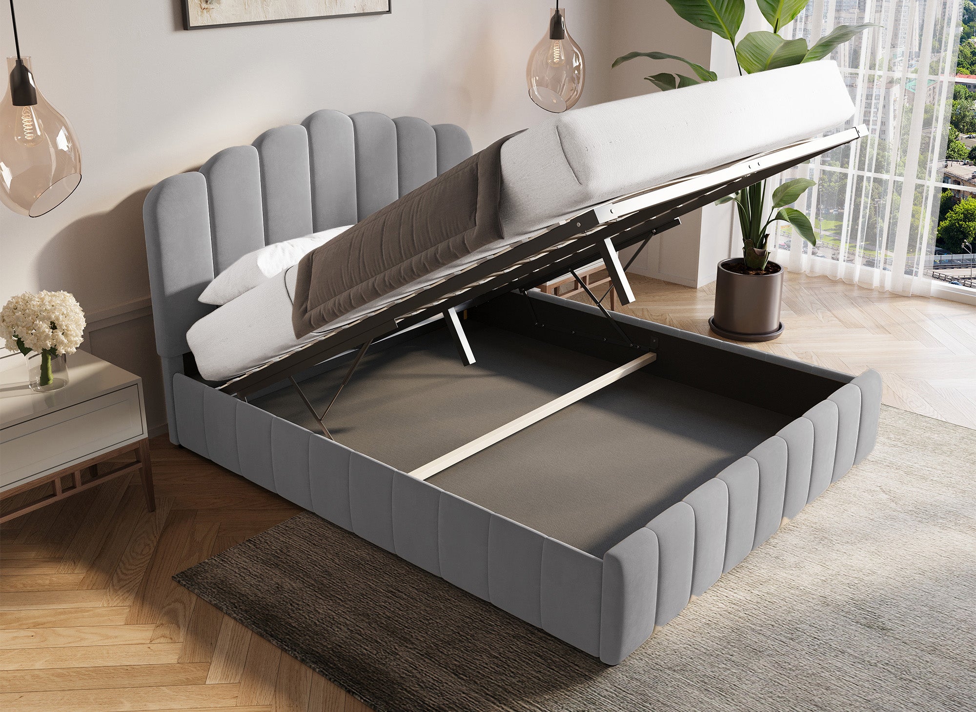 Lit coffre en velours gris 140x190 cm ELVIRA