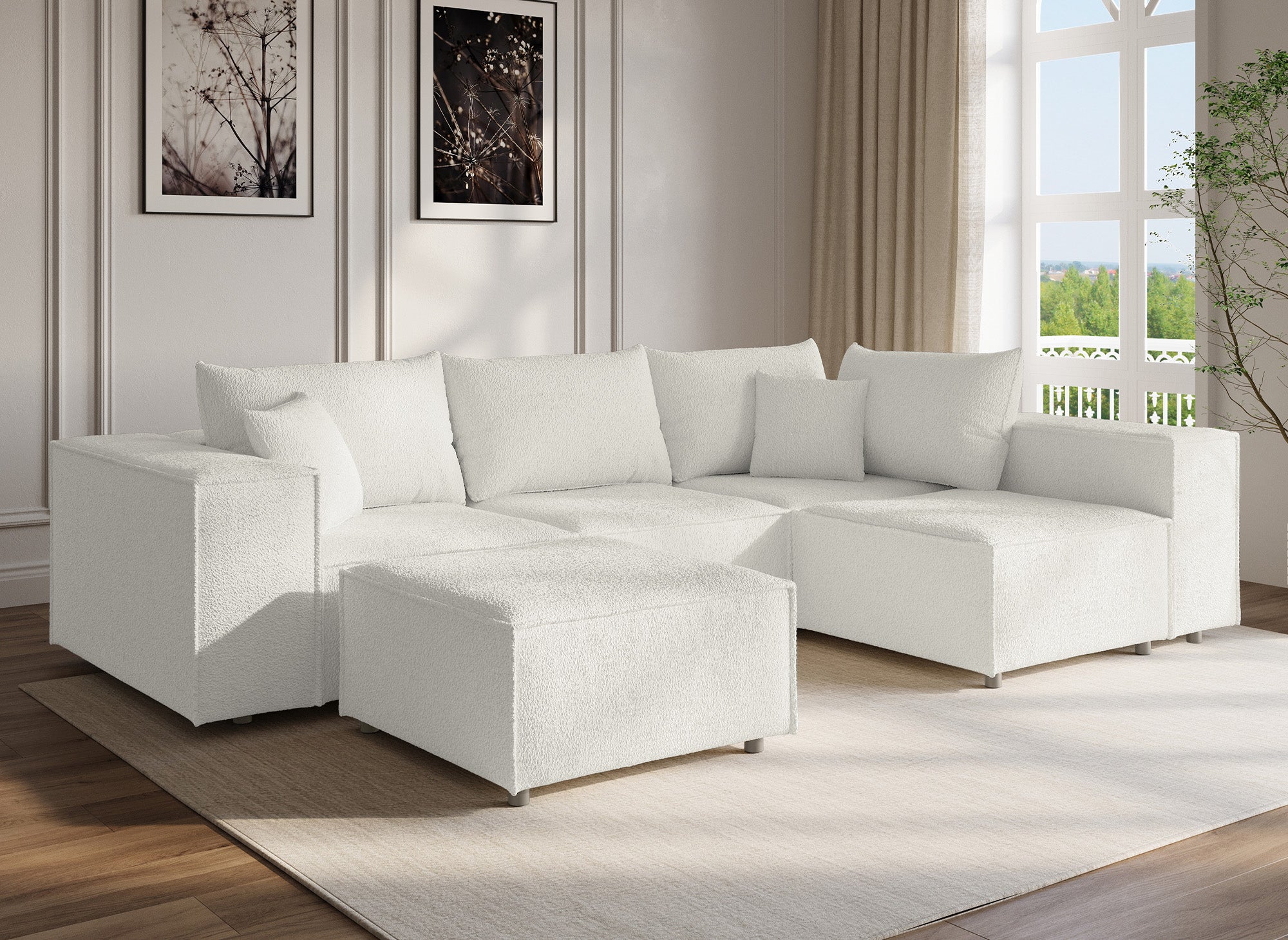 Canapé d'angle fixe modulable avec 1 pouf en tissu effet peau de mouton blanc écru HARLEM XL