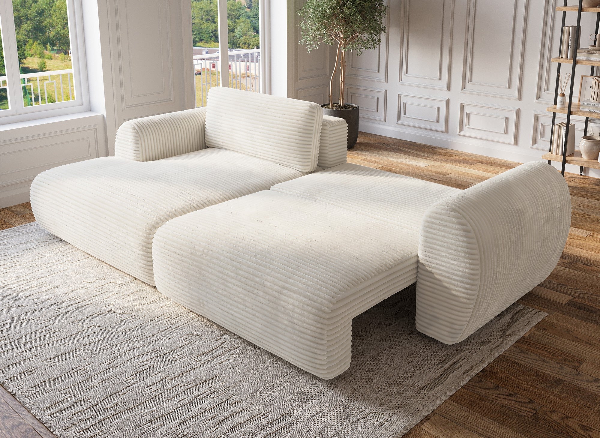 Canapé d'angle convertible avec coffre en velours gros côtelé doux beige TILDA - Angle gauche