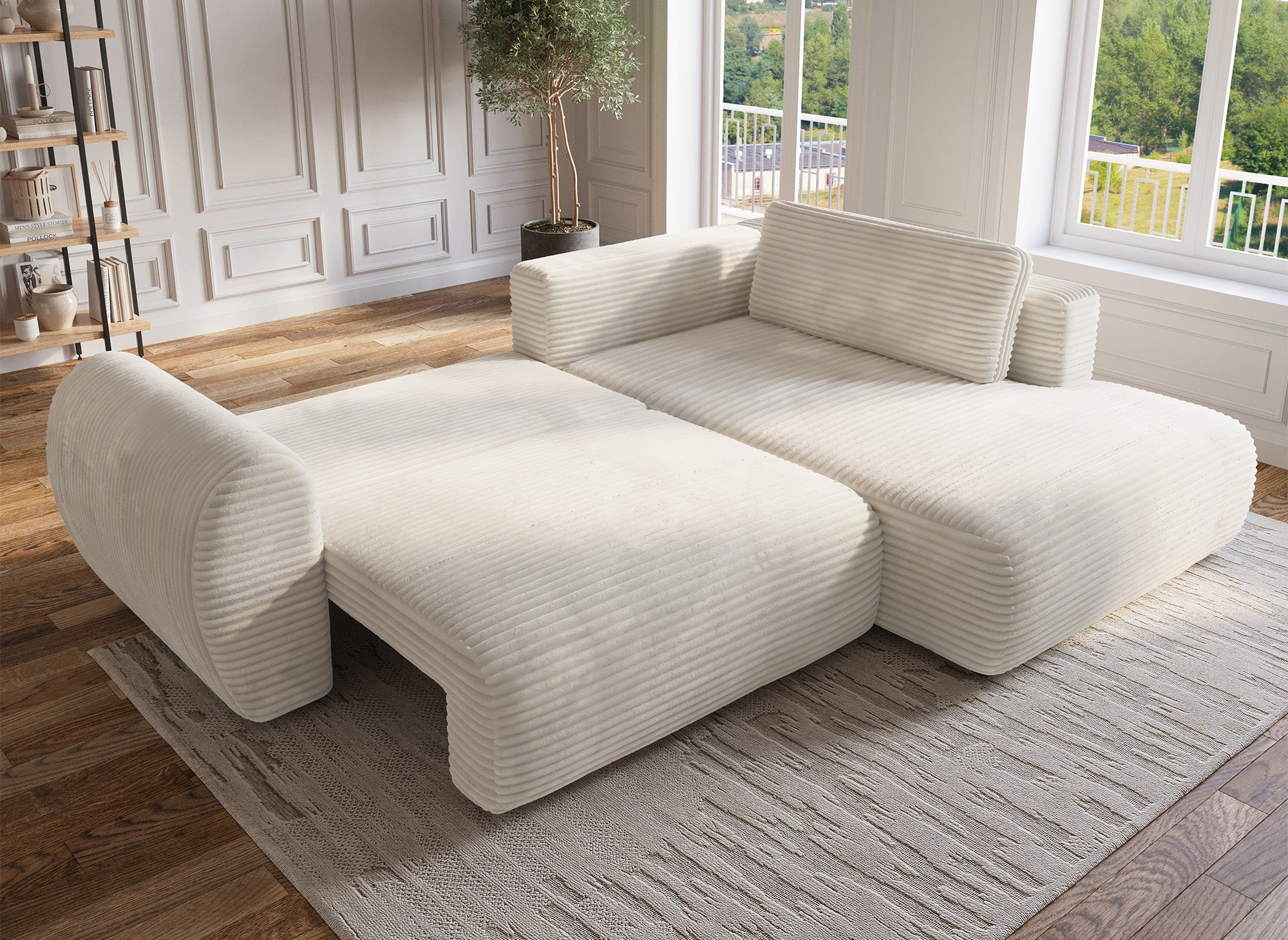Canapé d'angle convertible avec méridienne et coffre en gros côtelé doux beige TILDA - Angle droit