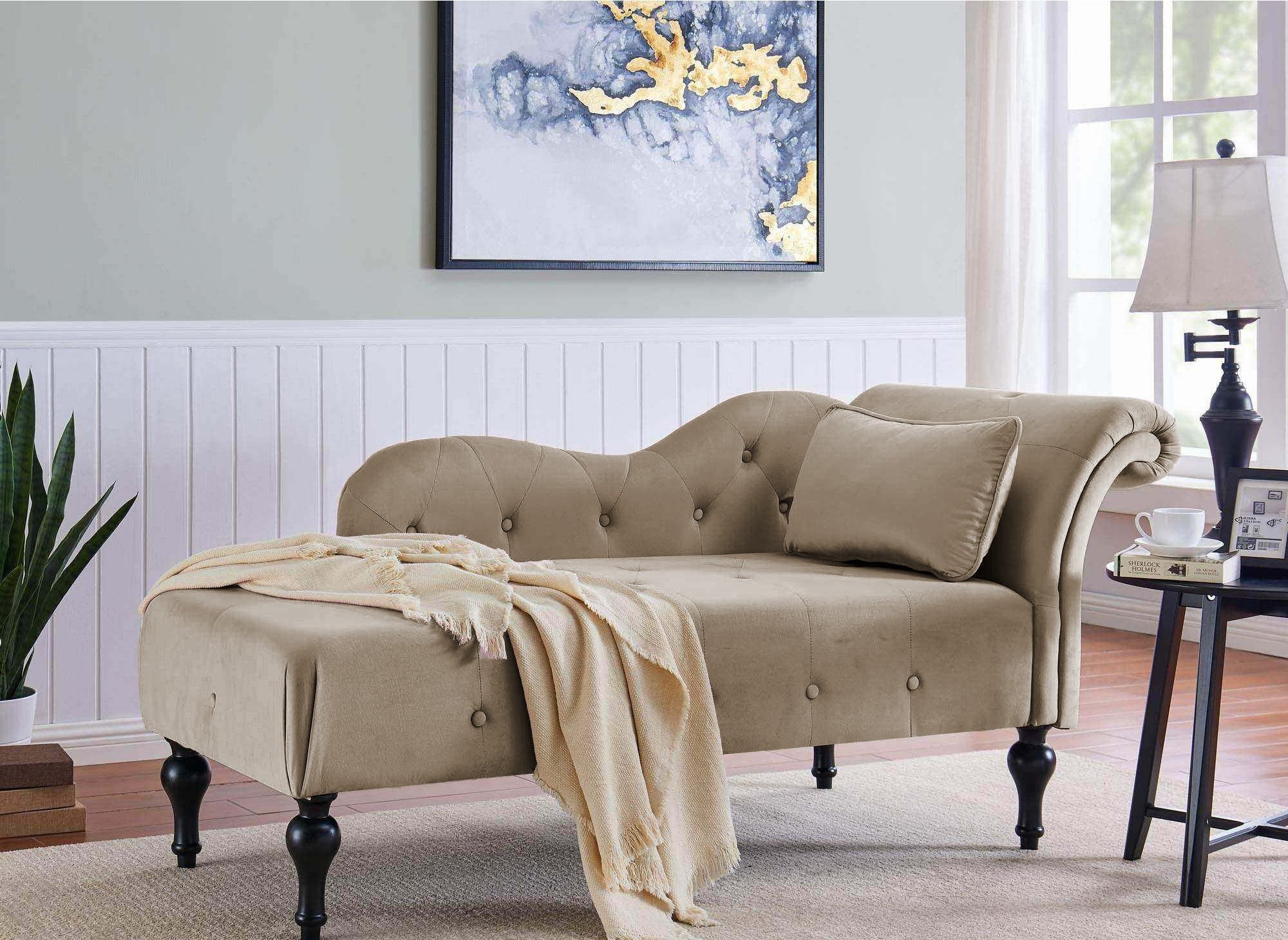 Méridienne capitonné en velours beige SHIMA - Angle Gauche