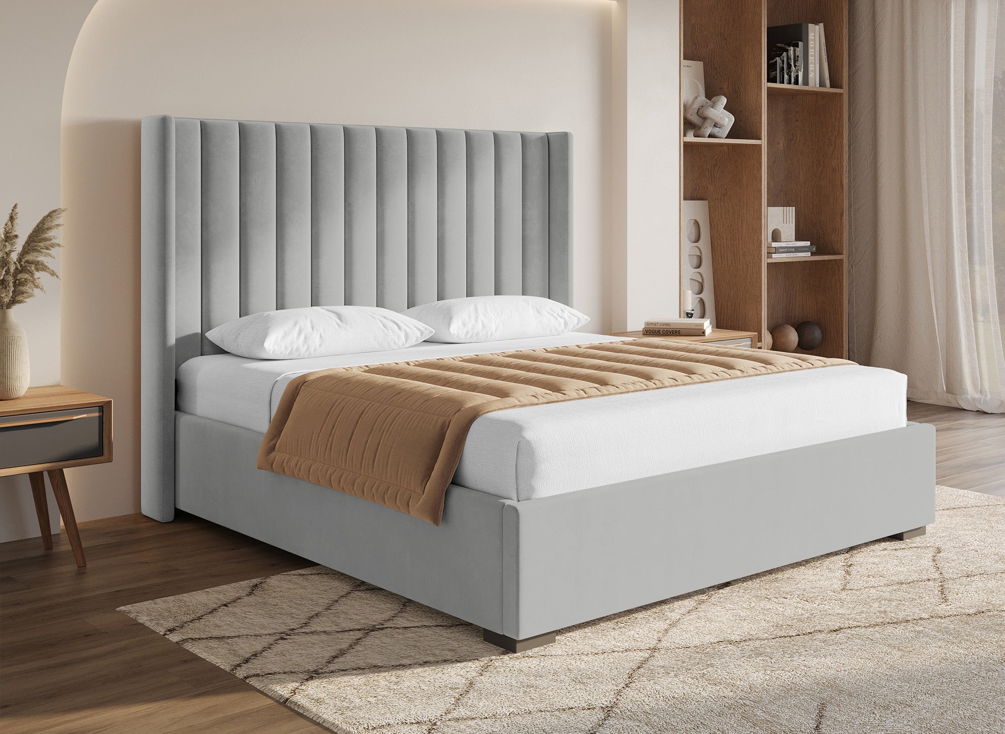 Lit coffre en velours gris 180x200 ALENA
