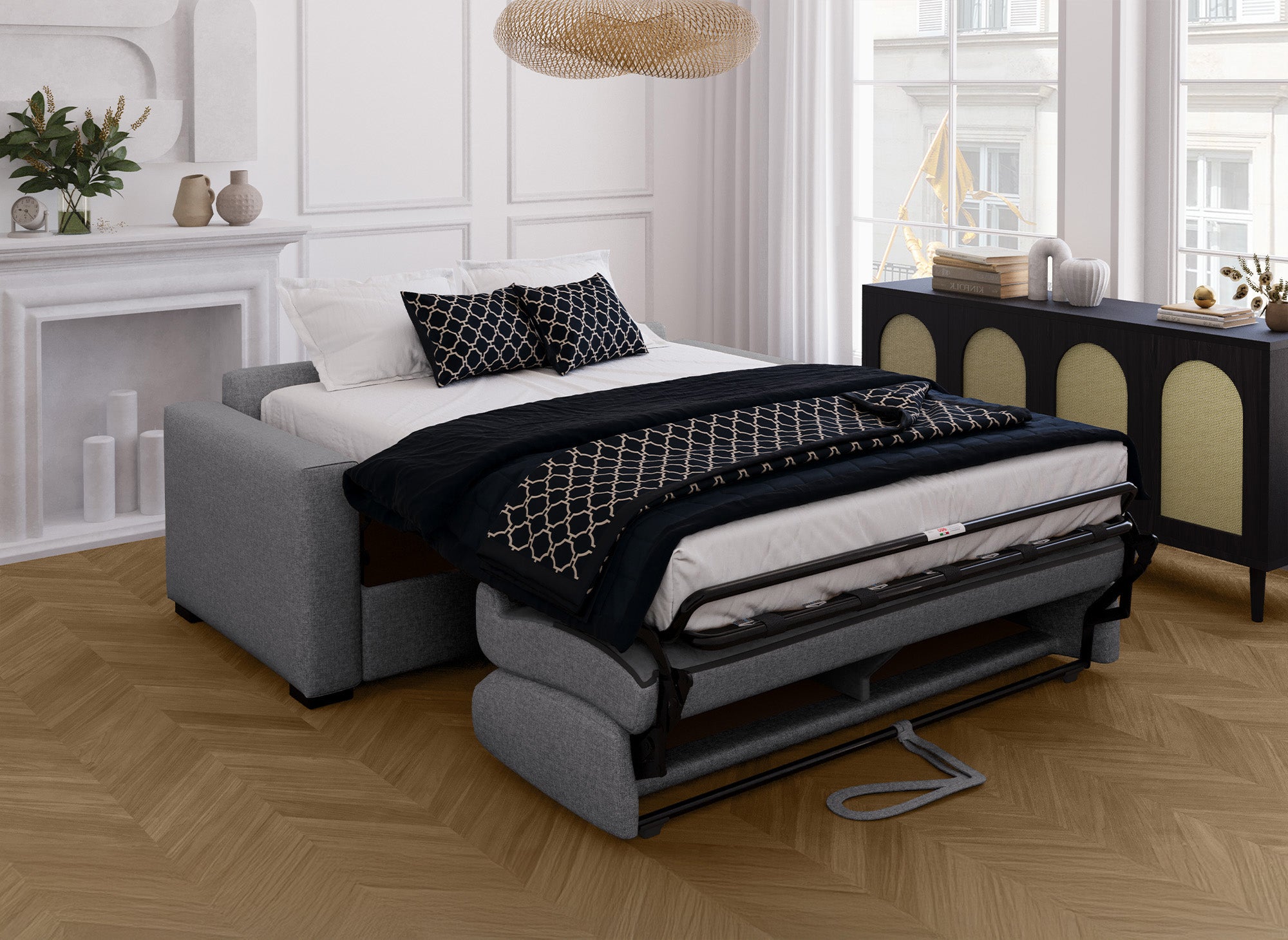 Canapé convertible 3 places LOUNA en tissu gris foncé ouverture express matelas 14 cm