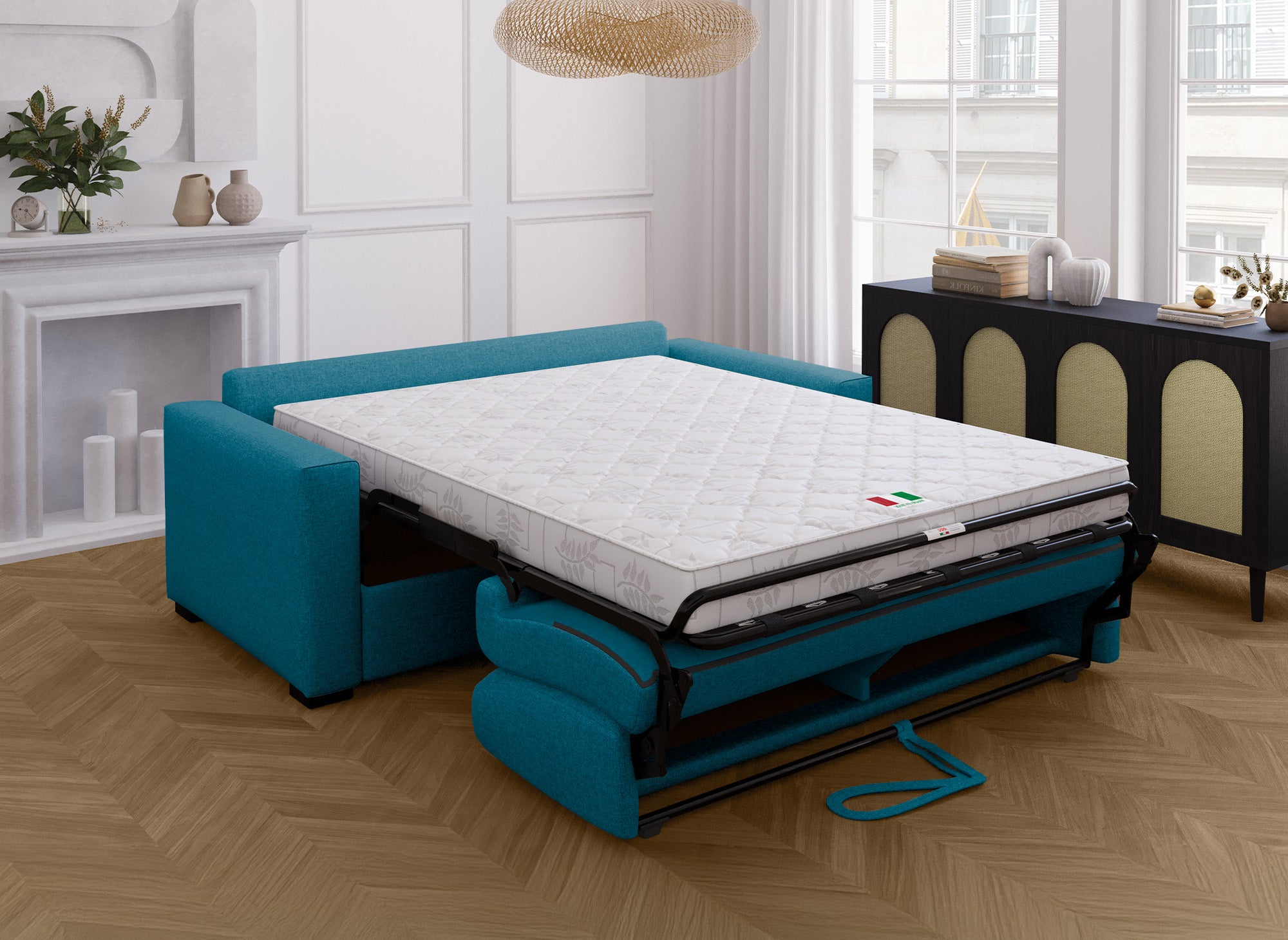 Canapé convertible 3 places LOUNA en tissu bleu pétrole ouverture express