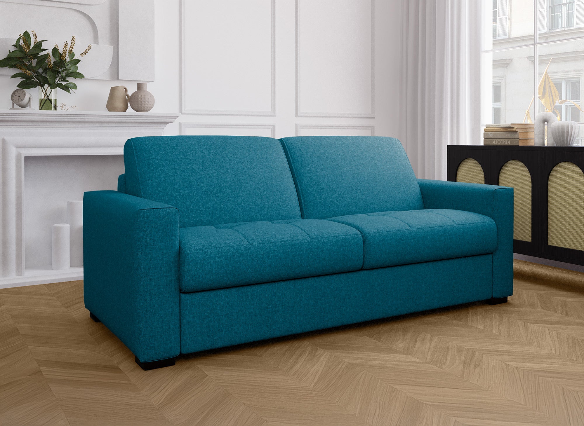 Canapé convertible 3 places LOUNA en tissu bleu pétrole ouverture express